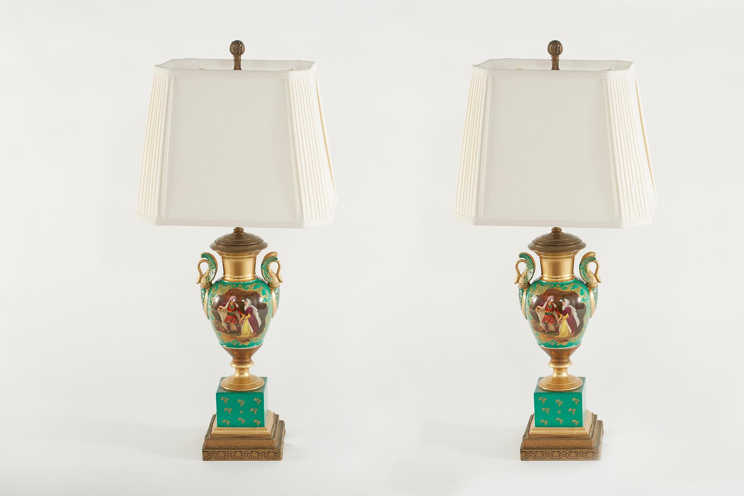 19th Century Gilt Porcelain / Brass Bass Table Lamps For Sale 5