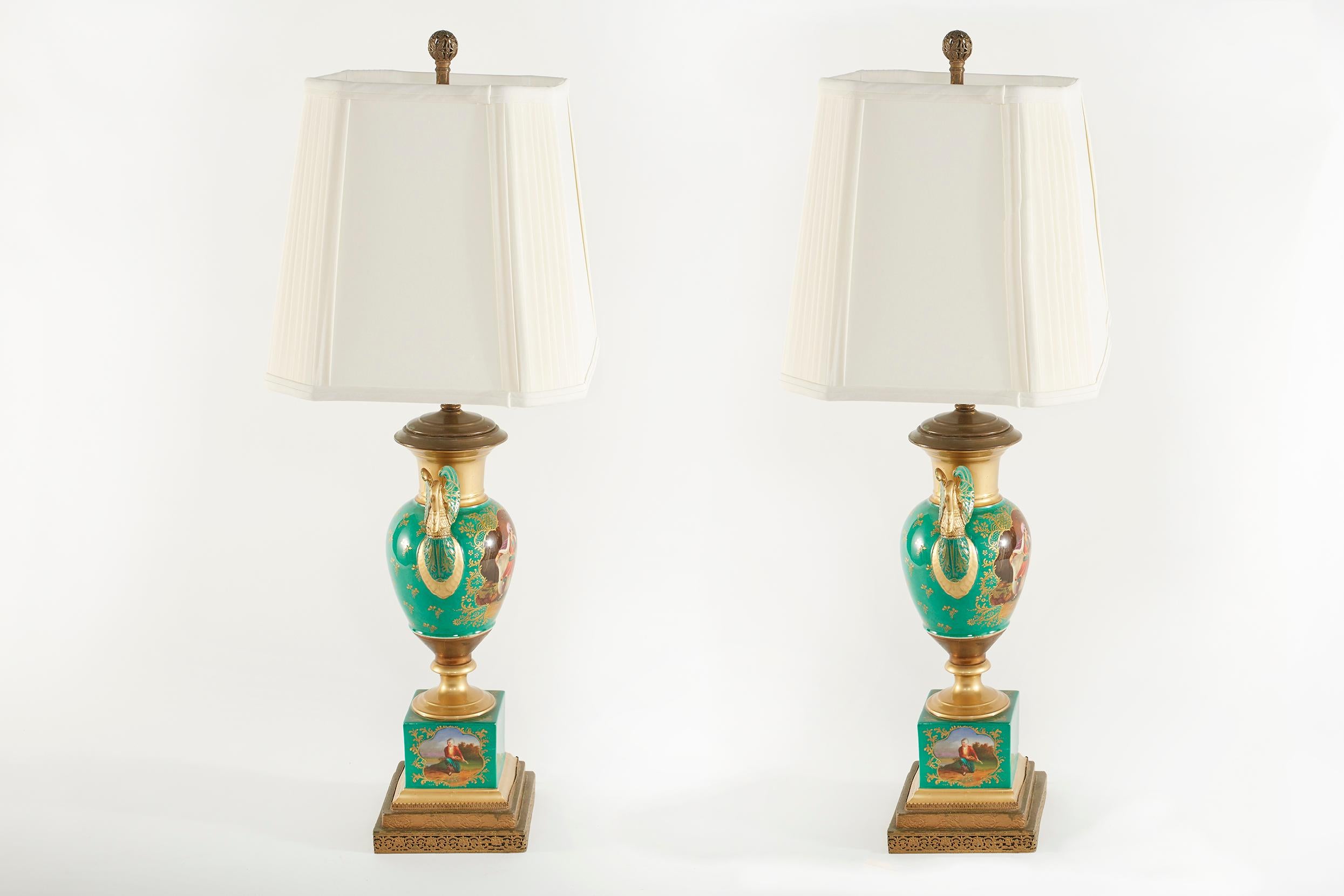 French 19th Century Gilt Porcelain / Brass Bass Table Lamps For Sale