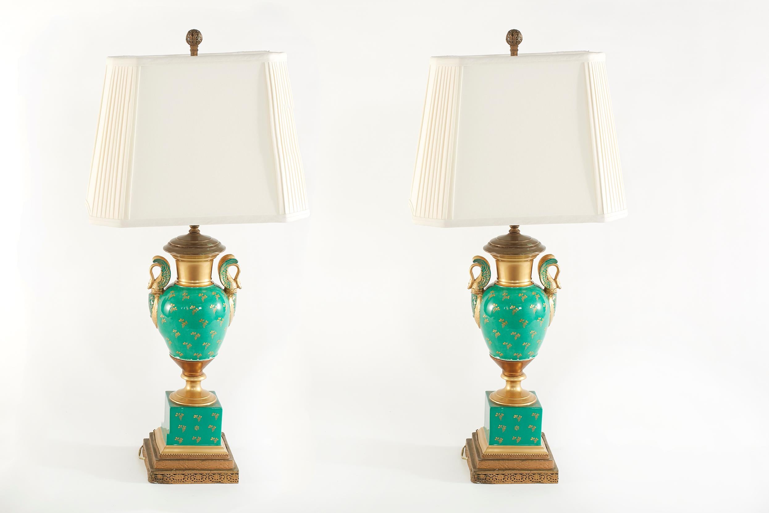 Hand-Painted 19th Century Gilt Porcelain / Brass Bass Table Lamps For Sale