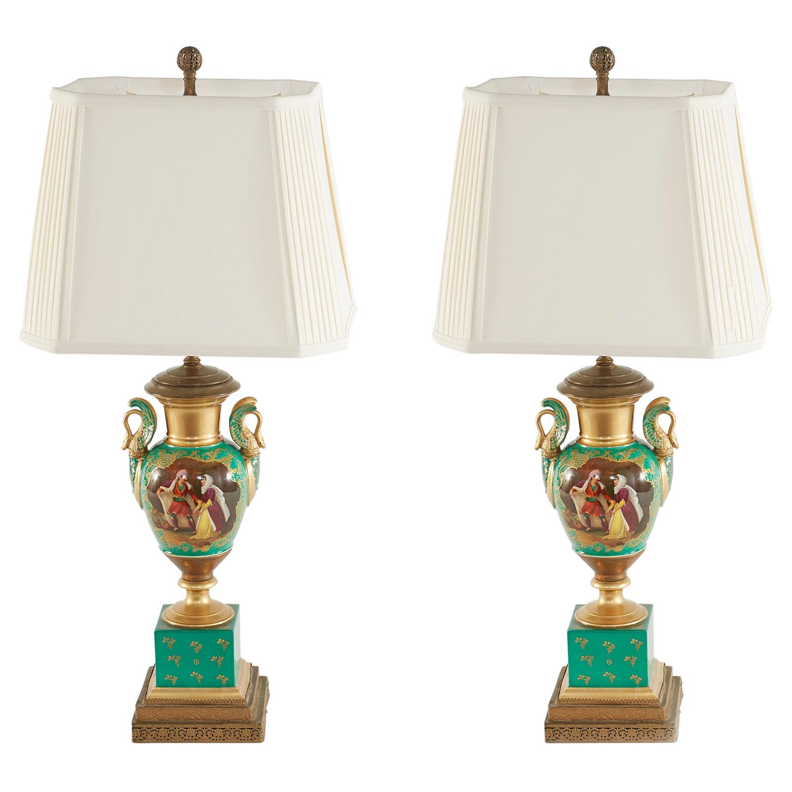 19th Century Gilt Porcelain / Brass Bass Table Lamps For Sale