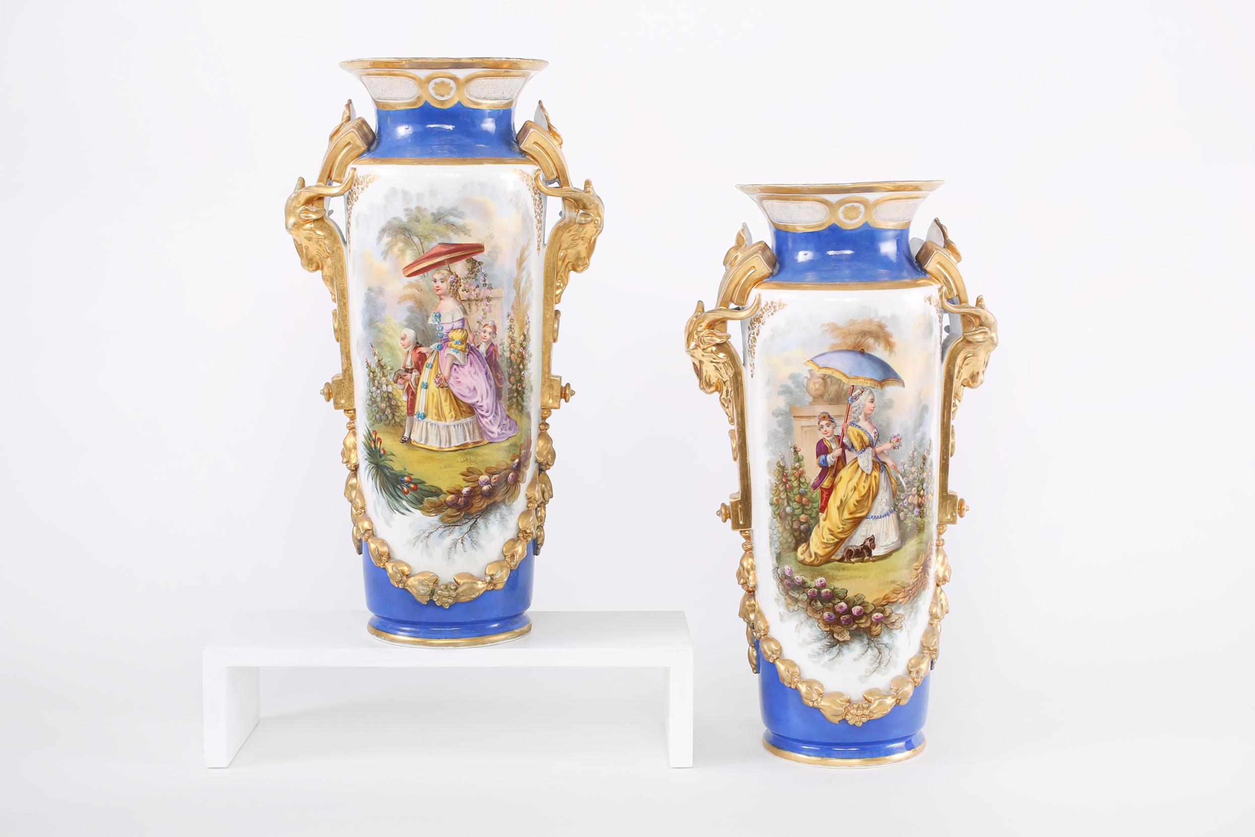 Hand-Painted 19th Century Gilt Porcelain Decorative Pair Vases For Sale