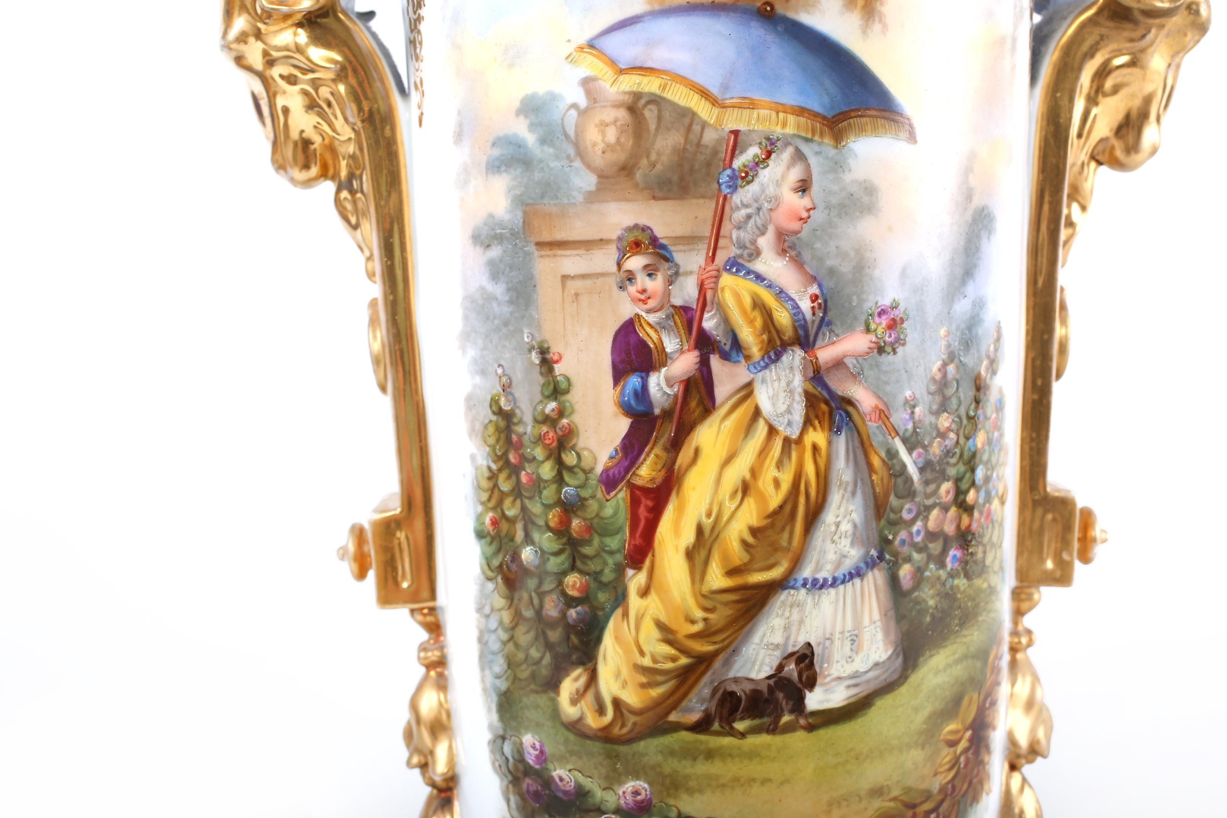 Paint 19th Century Gilt Porcelain Decorative Pair Vases For Sale
