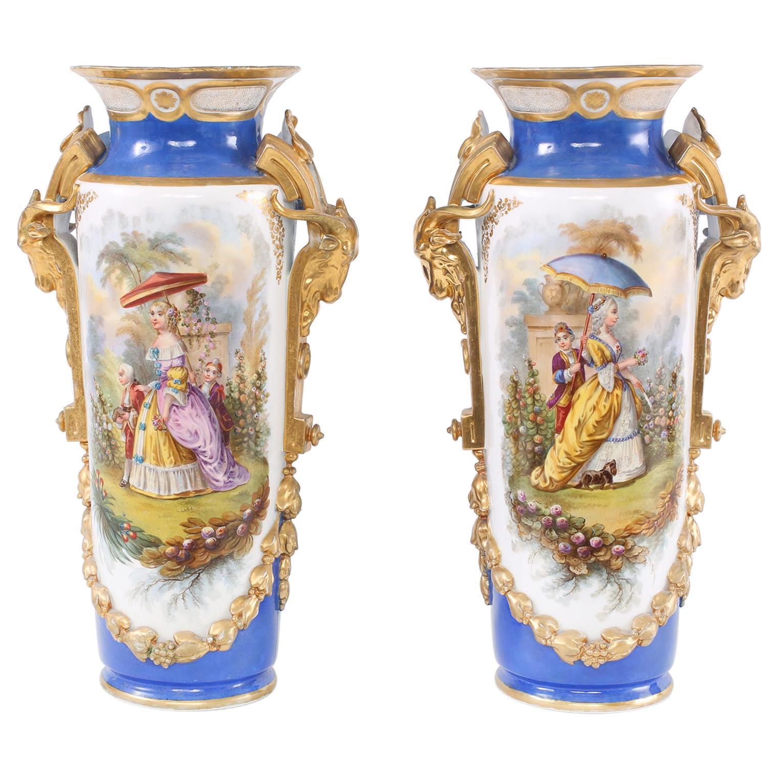 19th Century Gilt Porcelain Decorative Pair Vases For Sale