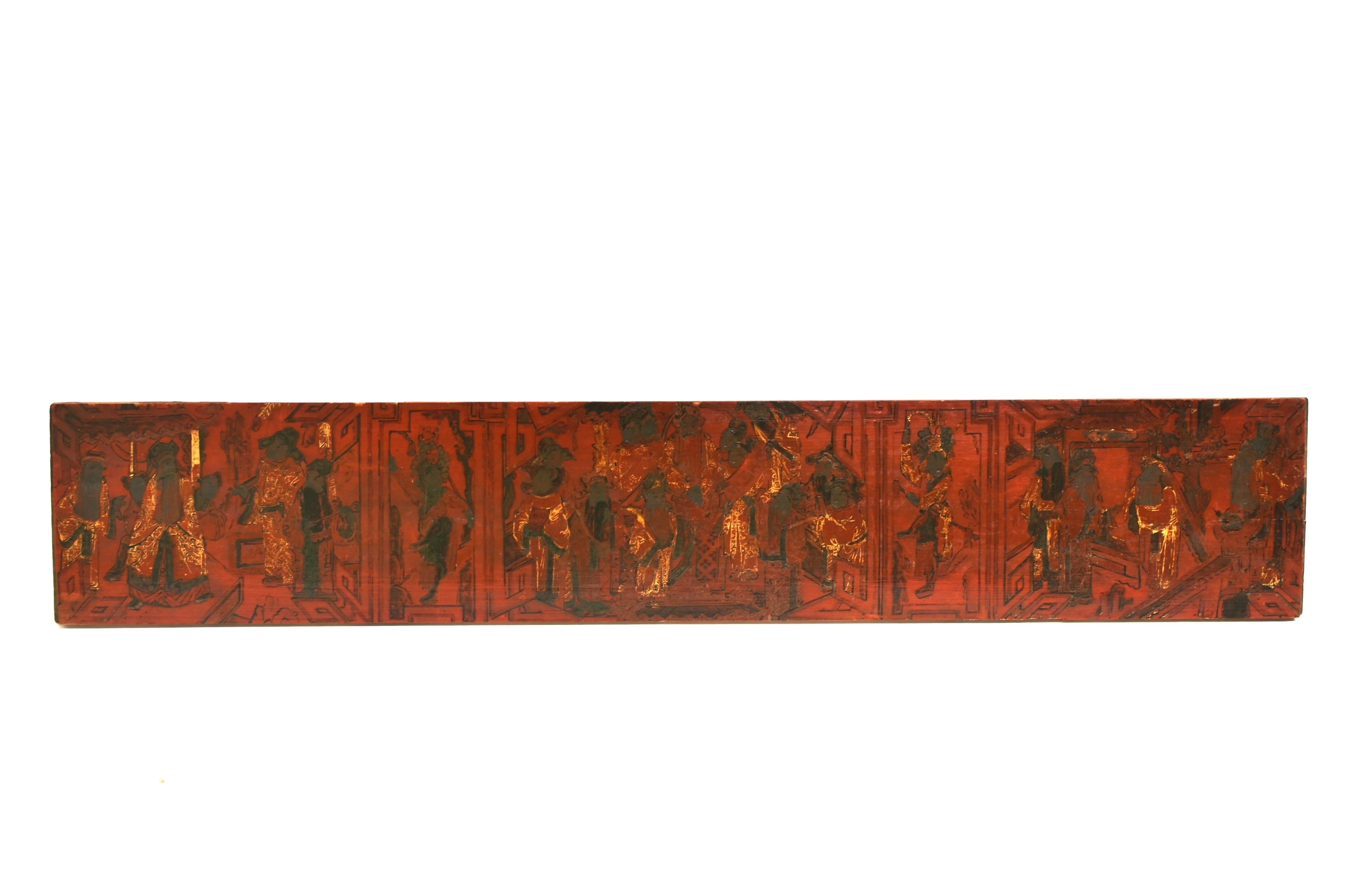 19th Century Painted Wood Fragment Gilt Red Lacquer For Sale