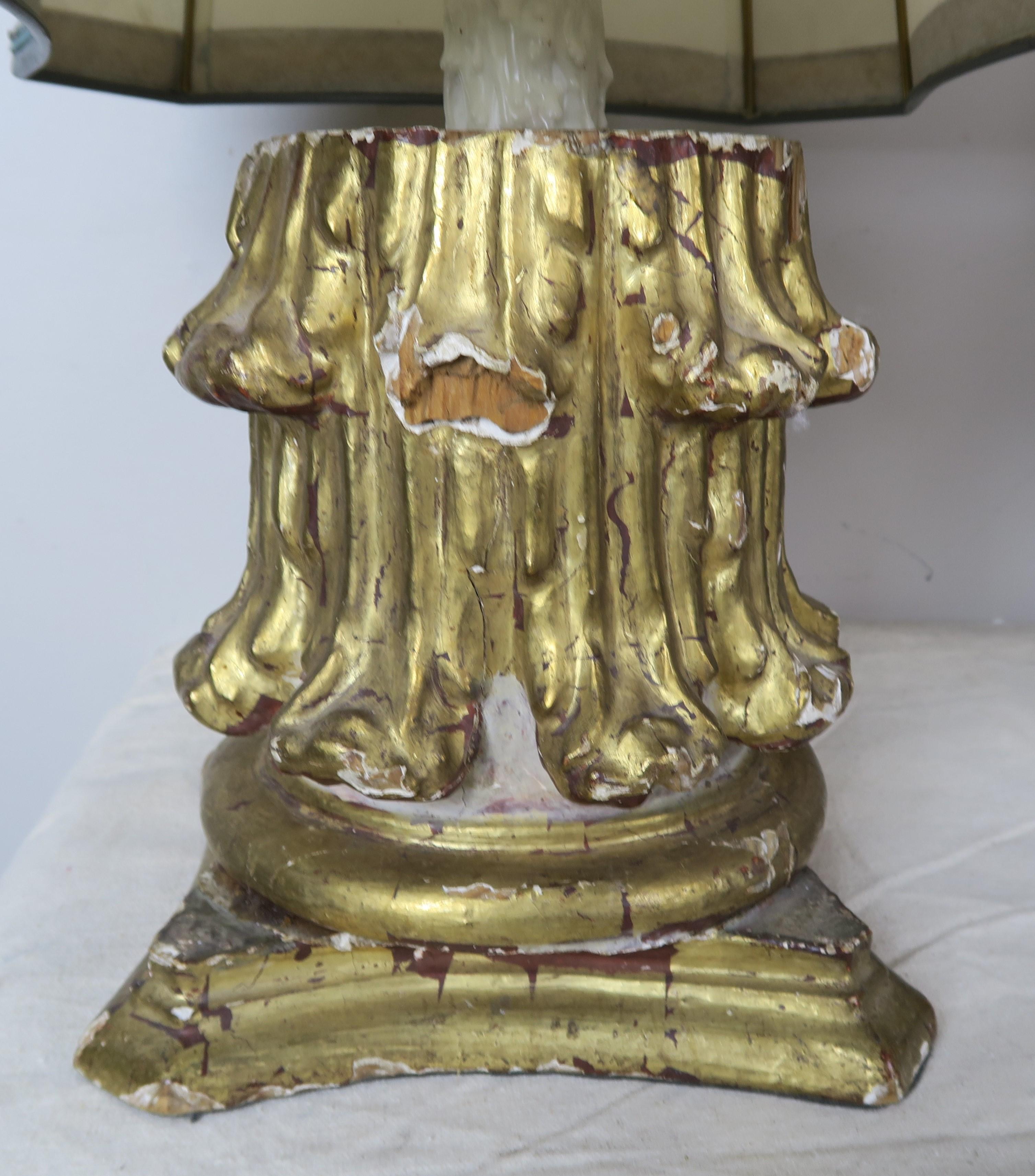 19th Century Giltwood Capital Lamps with Parchment Shades, Pair In Distressed Condition For Sale In Los Angeles, CA