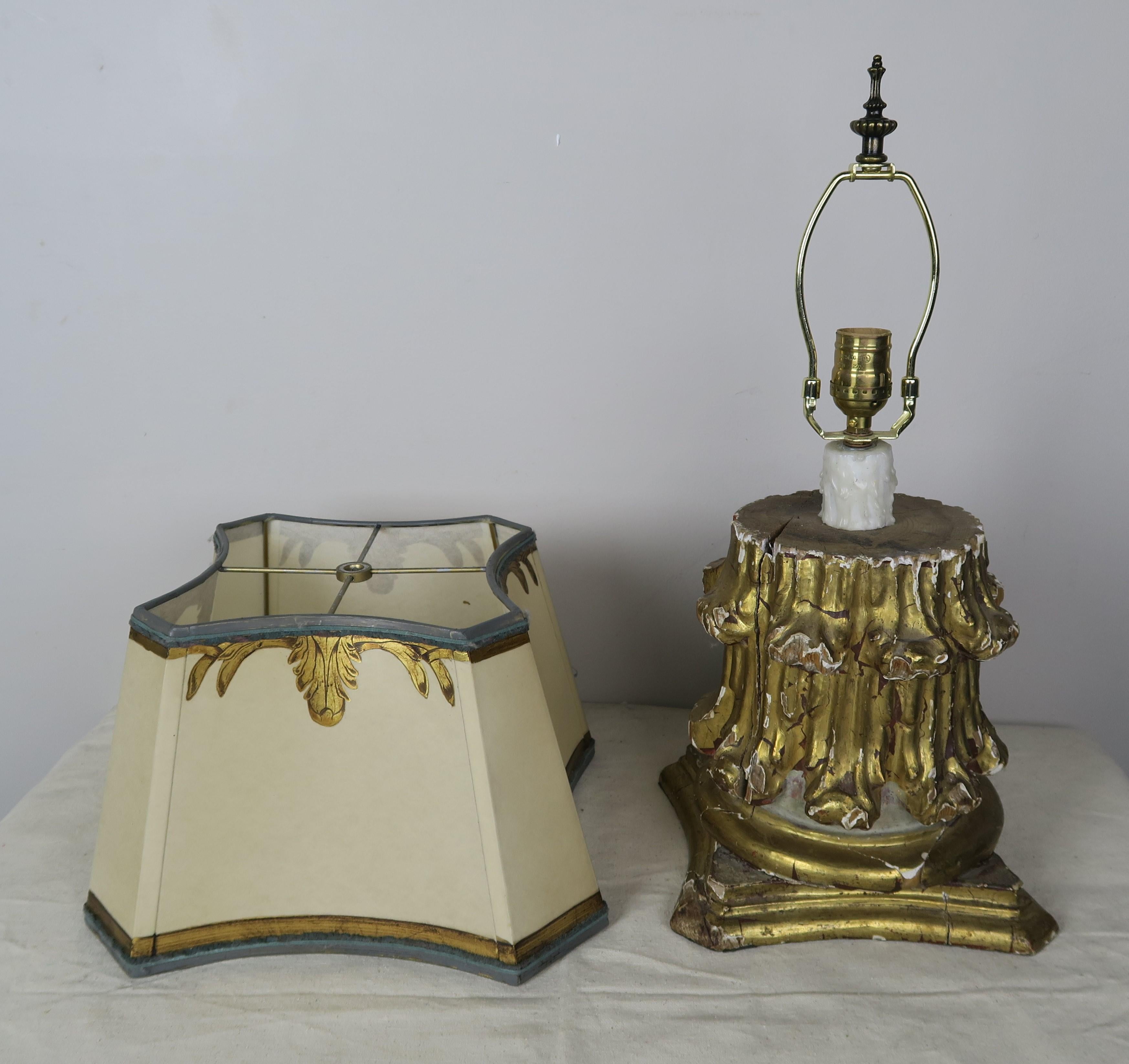 19th Century Giltwood Capital Lamps with Parchment Shades, Pair For Sale 1