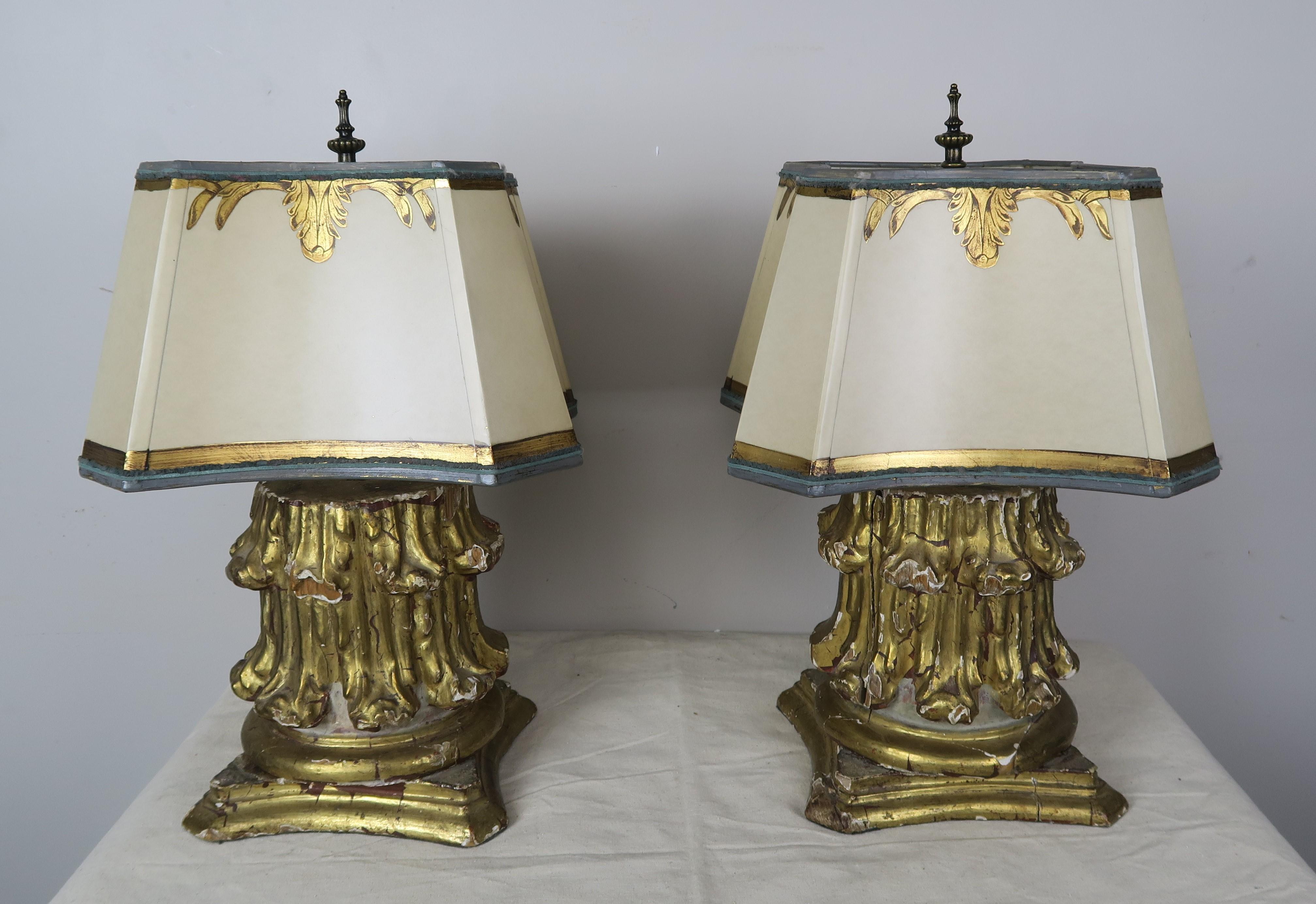 19th Century Giltwood Capital Lamps with Parchment Shades, Pair For Sale 2