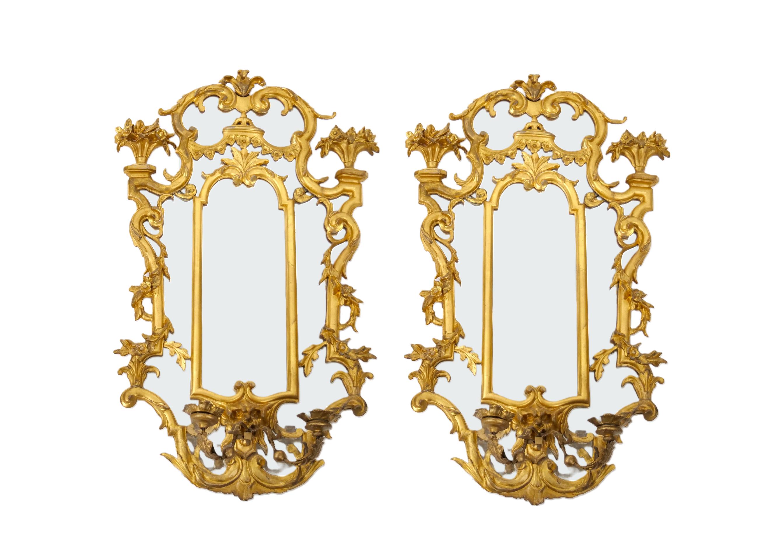 19th Century Gilt Wood Frame Decorative Girandoles Pair Mirror For Sale 9
