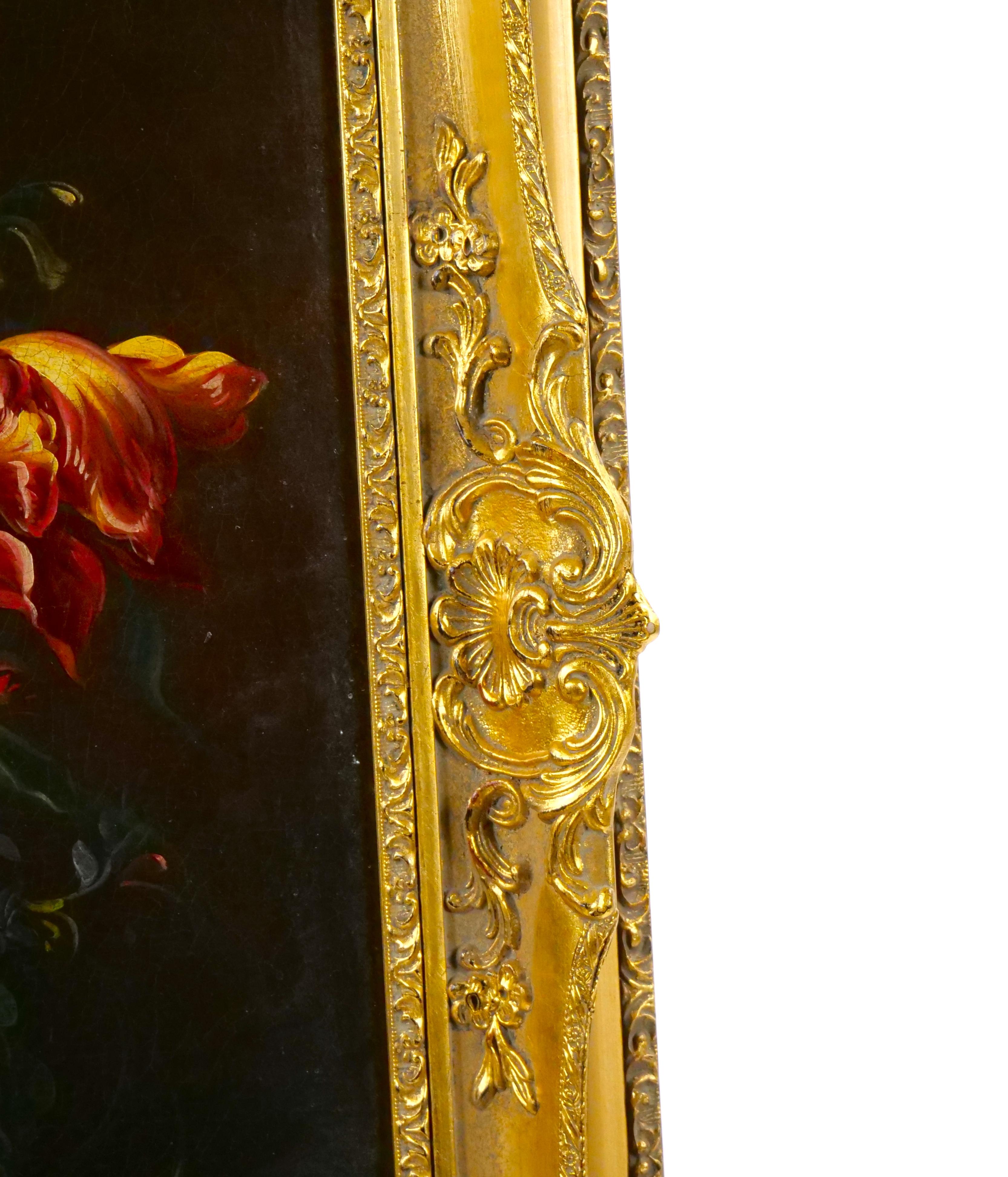 19th Century Gilt Wood Frame Oil / Canvas Wreath / Flower Still life Painting For Sale 6