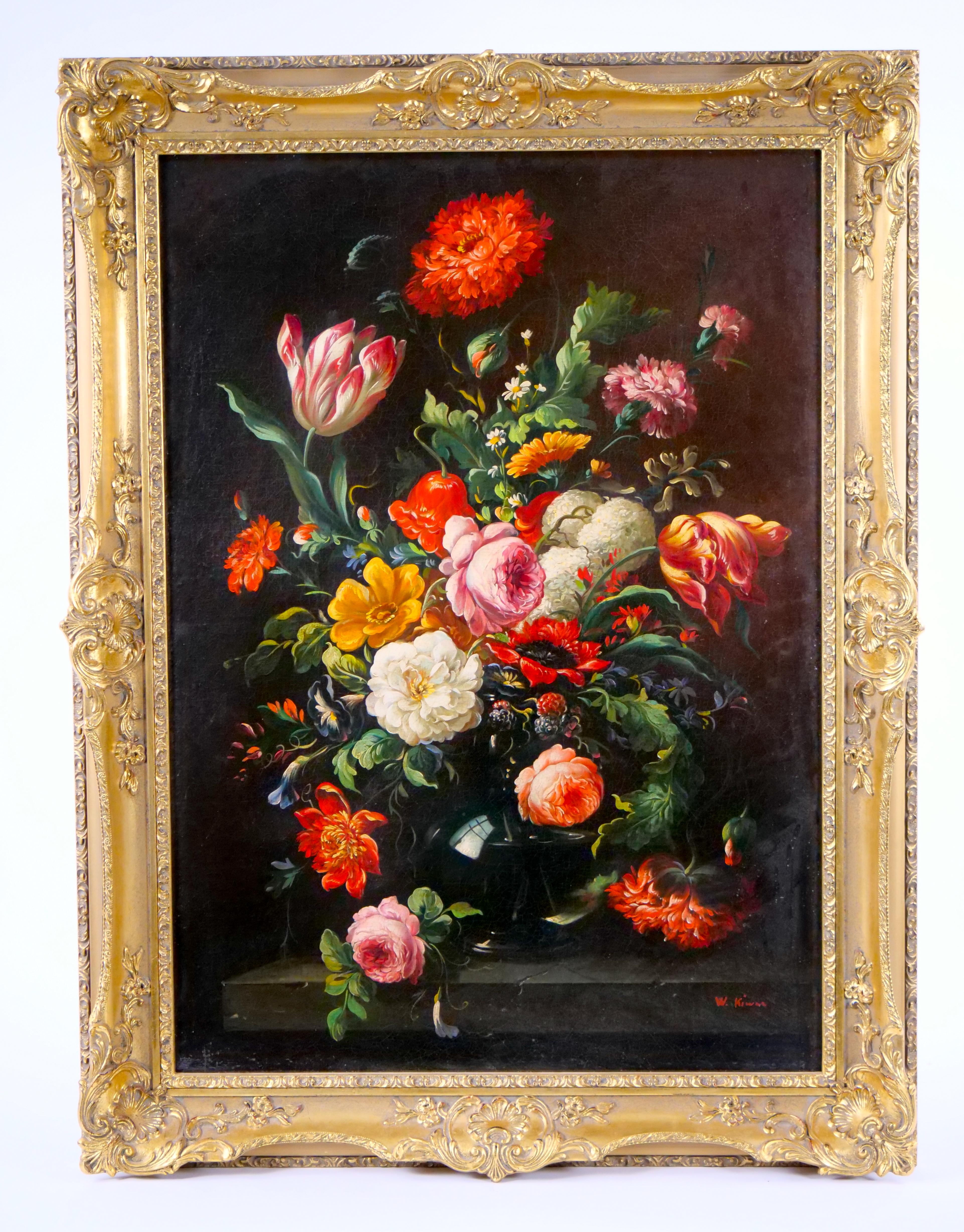 19th Century Gilt Wood Frame Oil / Canvas Wreath / Flower Still life Painting For Sale 8