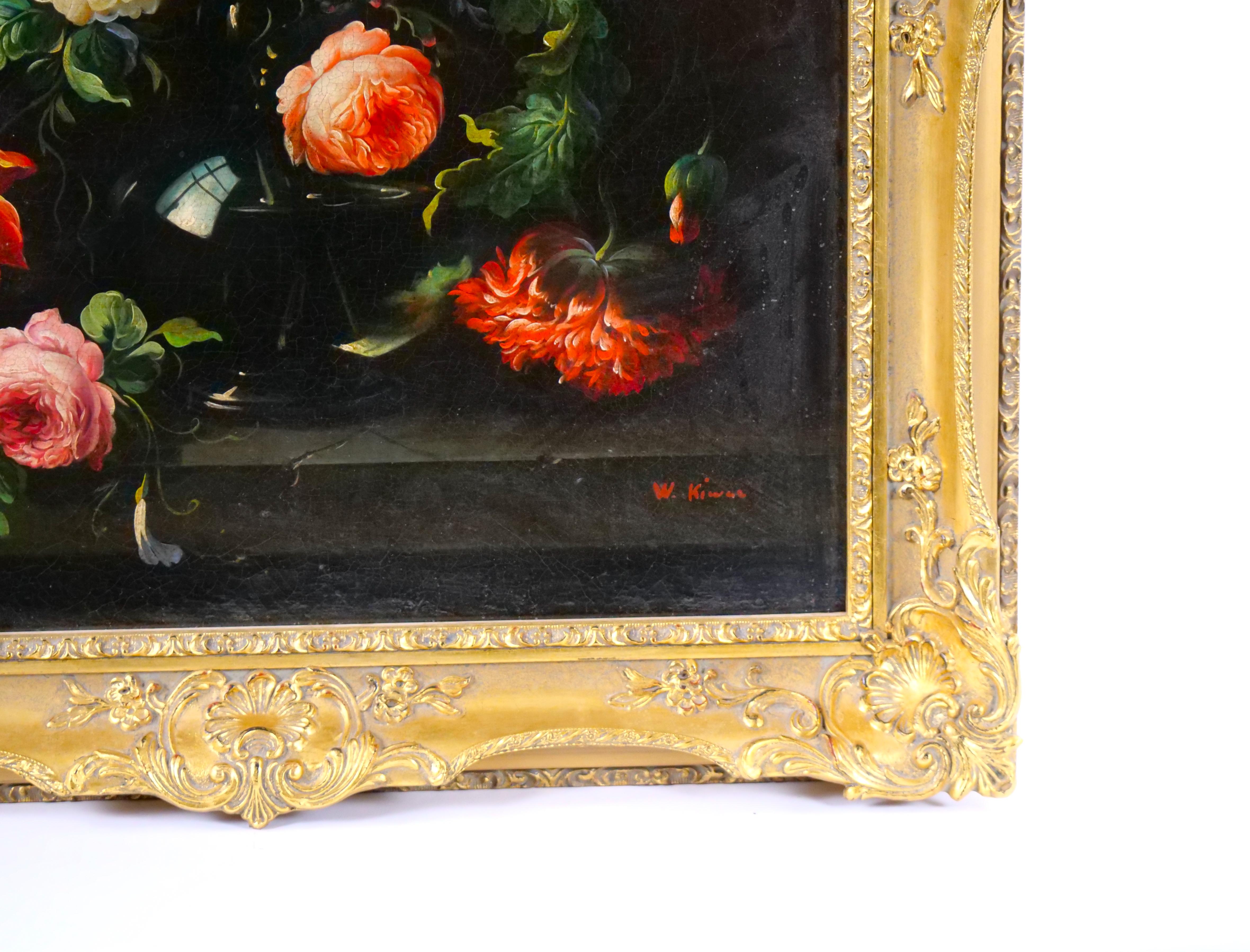 Victorian 19th Century Gilt Wood Frame Oil / Canvas Wreath / Flower Still life Painting For Sale