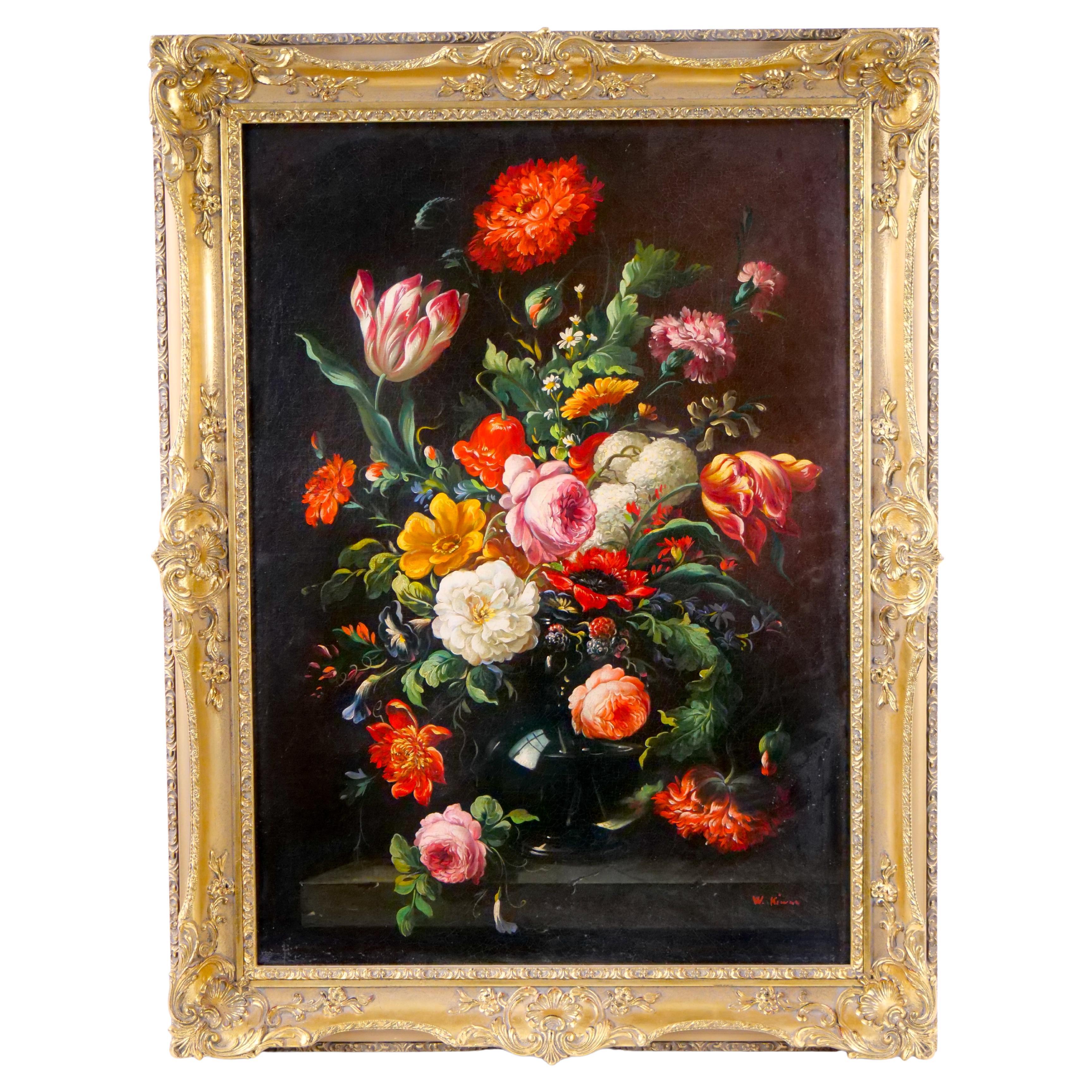 19th Century Gilt Wood Frame Oil / Canvas Wreath / Flower Still life Painting For Sale 2