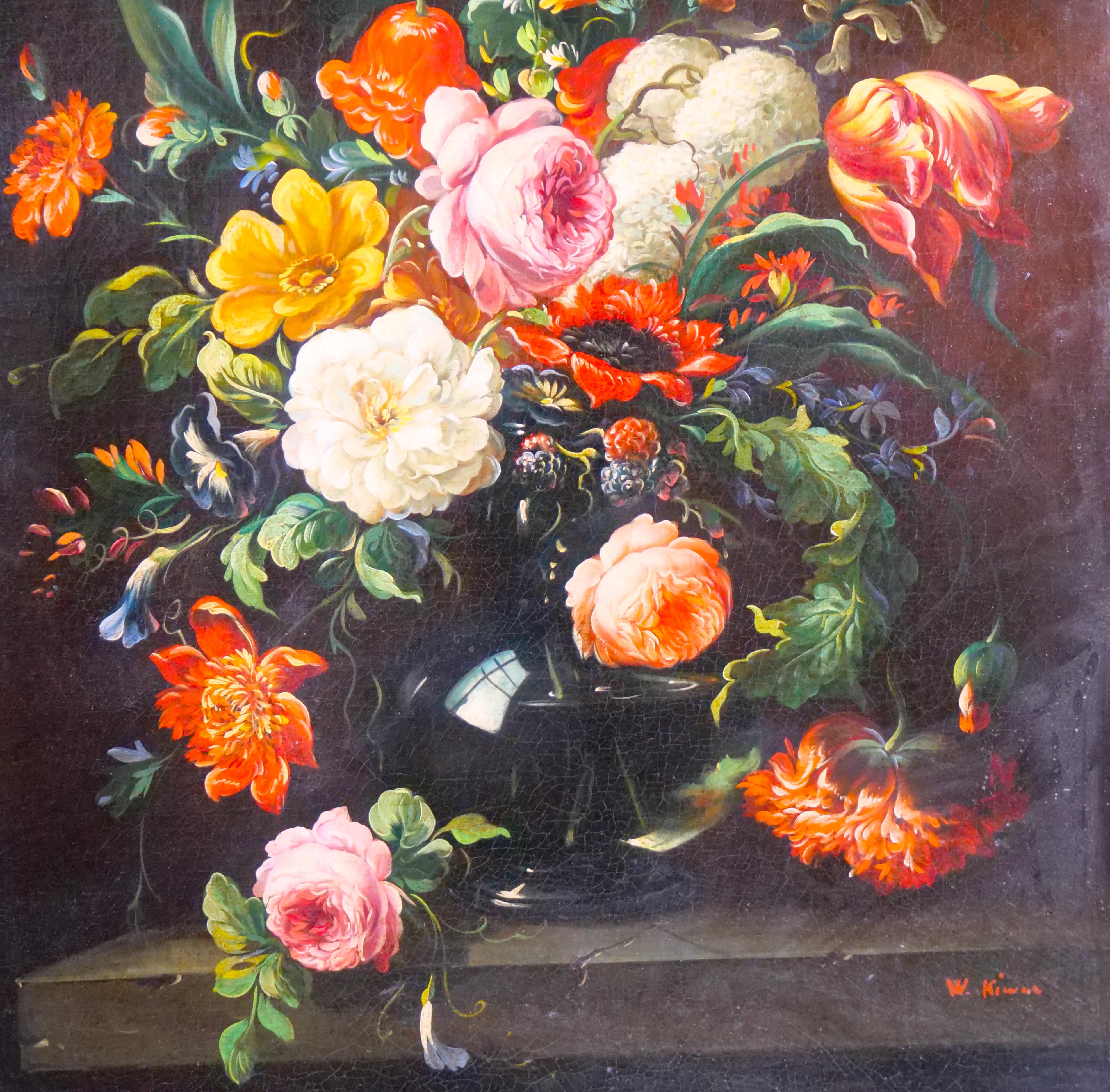 19th Century Gilt Wood Frame Oil / Canvas Wreath / Flower Still life Painting For Sale 3
