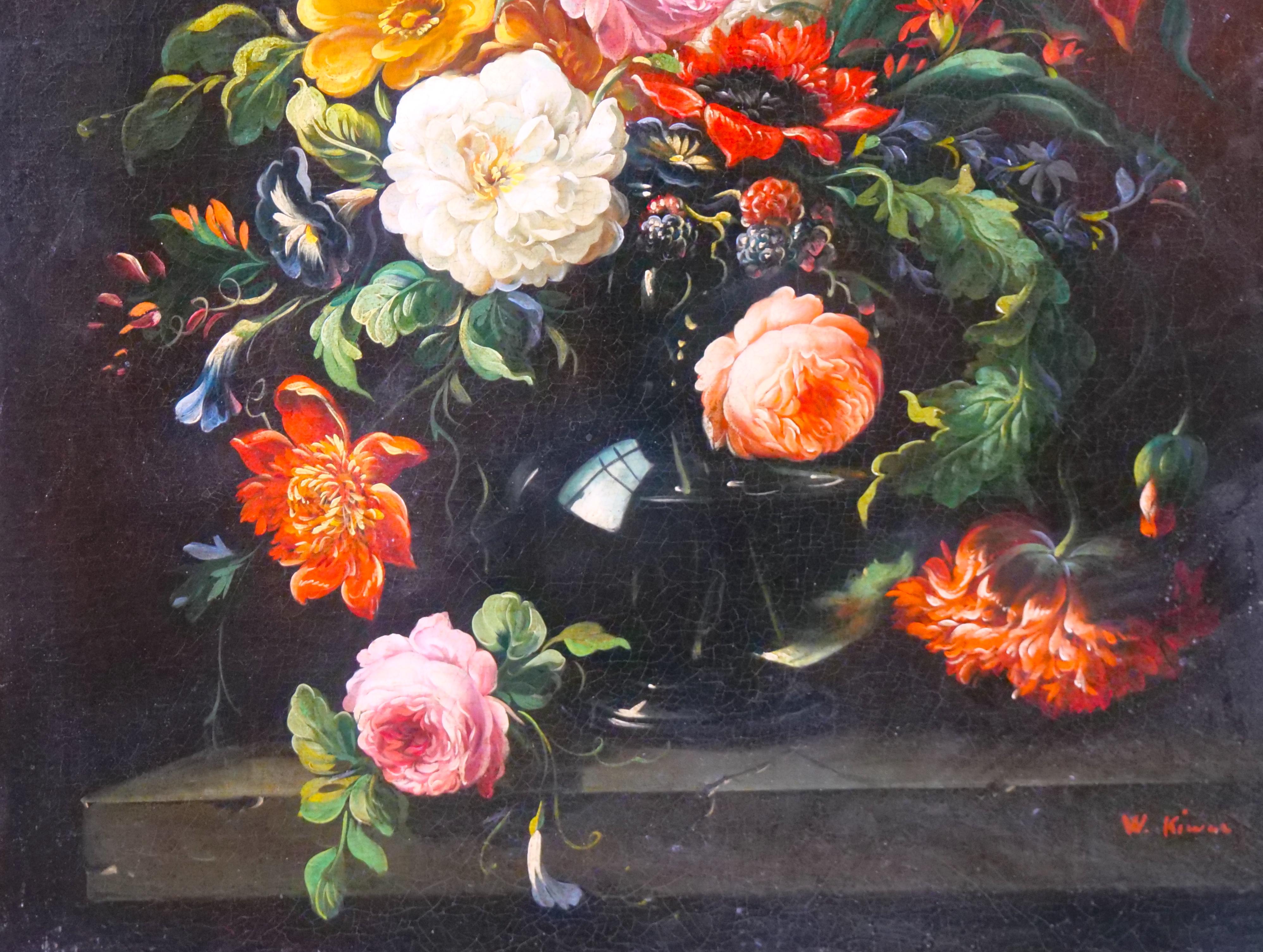 19th Century Gilt Wood Frame Oil / Canvas Wreath / Flower Still life Painting For Sale 4