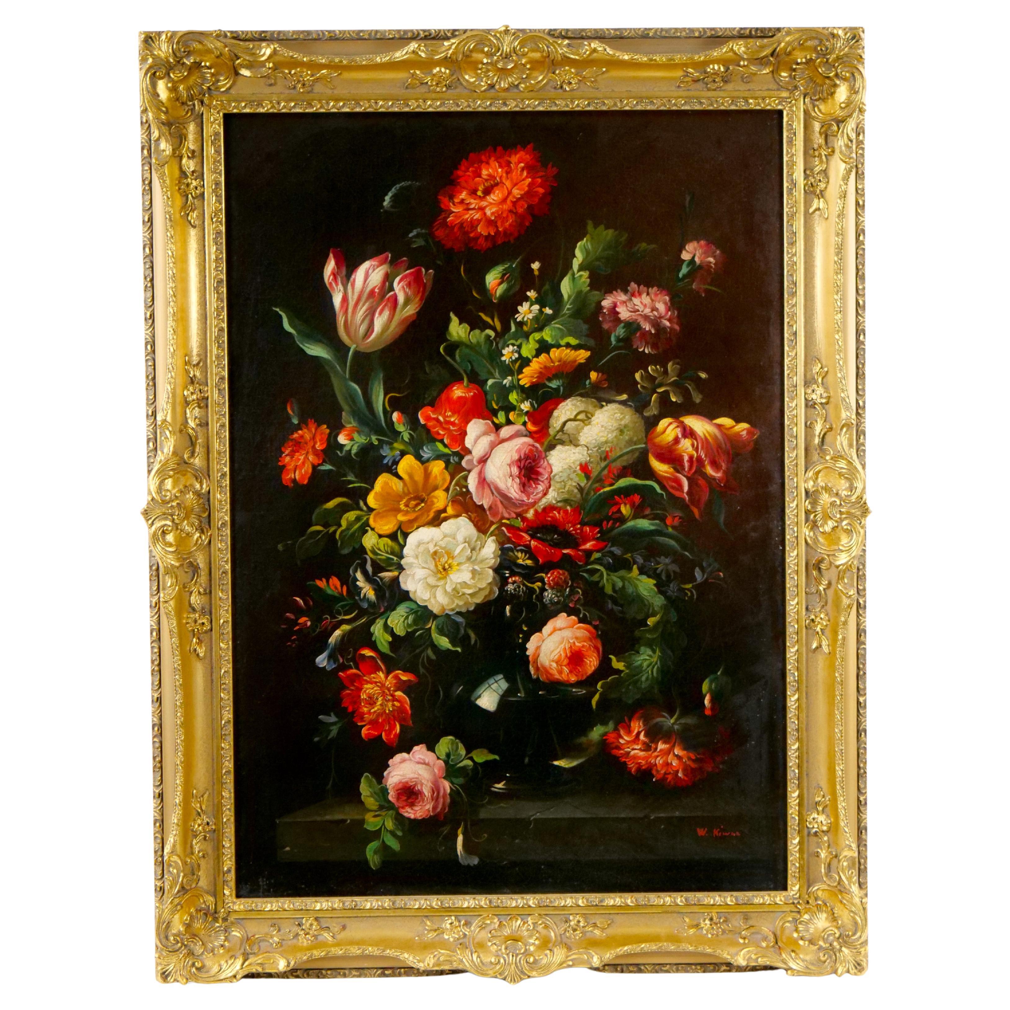 19th Century Gilt Wood Frame Oil / Canvas Wreath / Flower Still life Painting For Sale