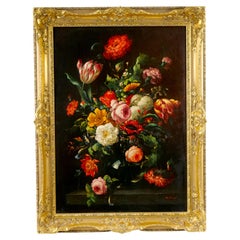 Peinture à l'huile / toile couronnes / fleurs nature morte 19ème siècle avec cadre en bois doré