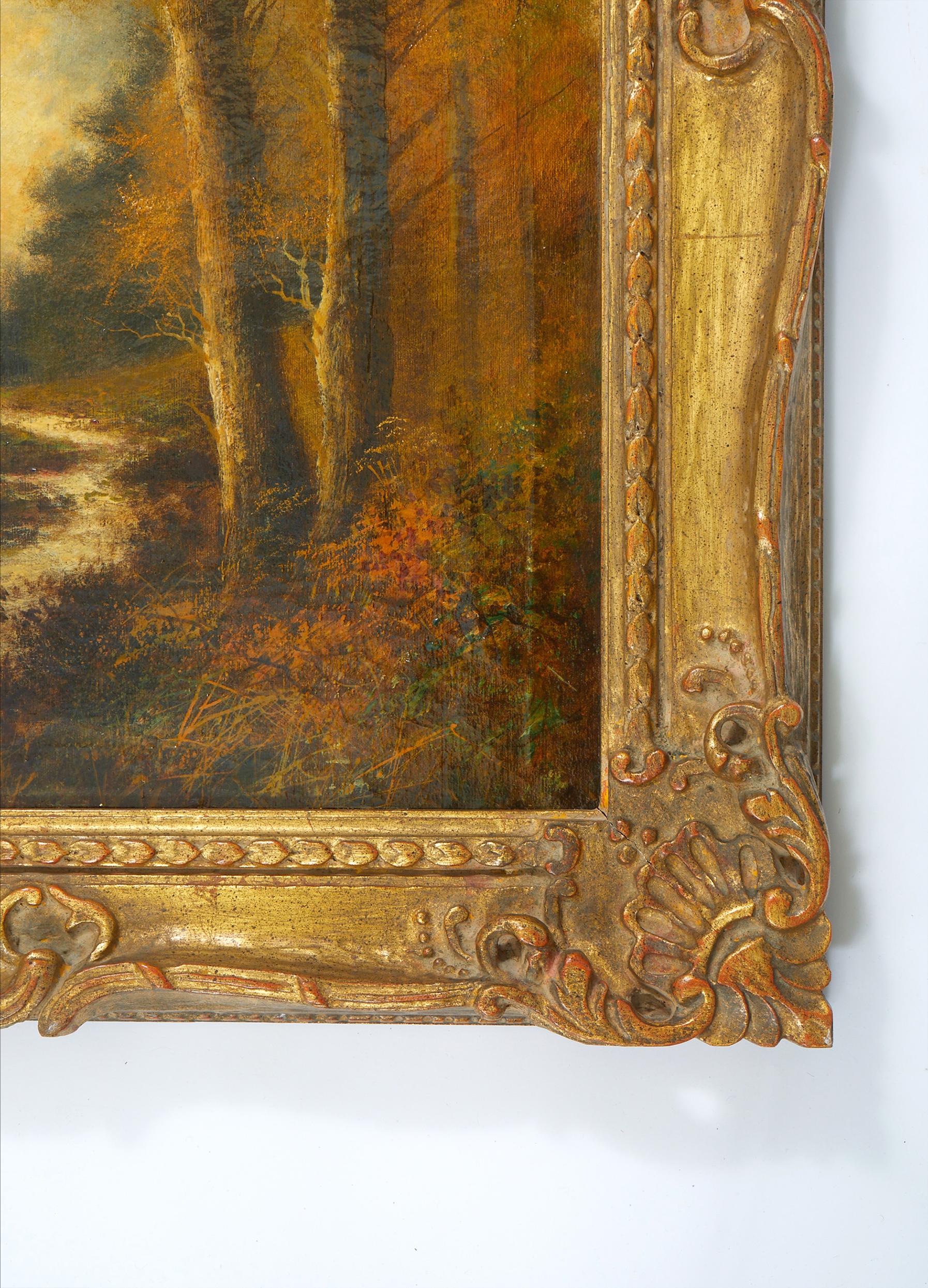 Early 19th century gilt wood framed oil on canvas painting by G Linton featuring wooded scene with stream. The painting is in good antique condition. Minor wear consistent with age / use. Artist signature lower left corner. The oil / canvas painting