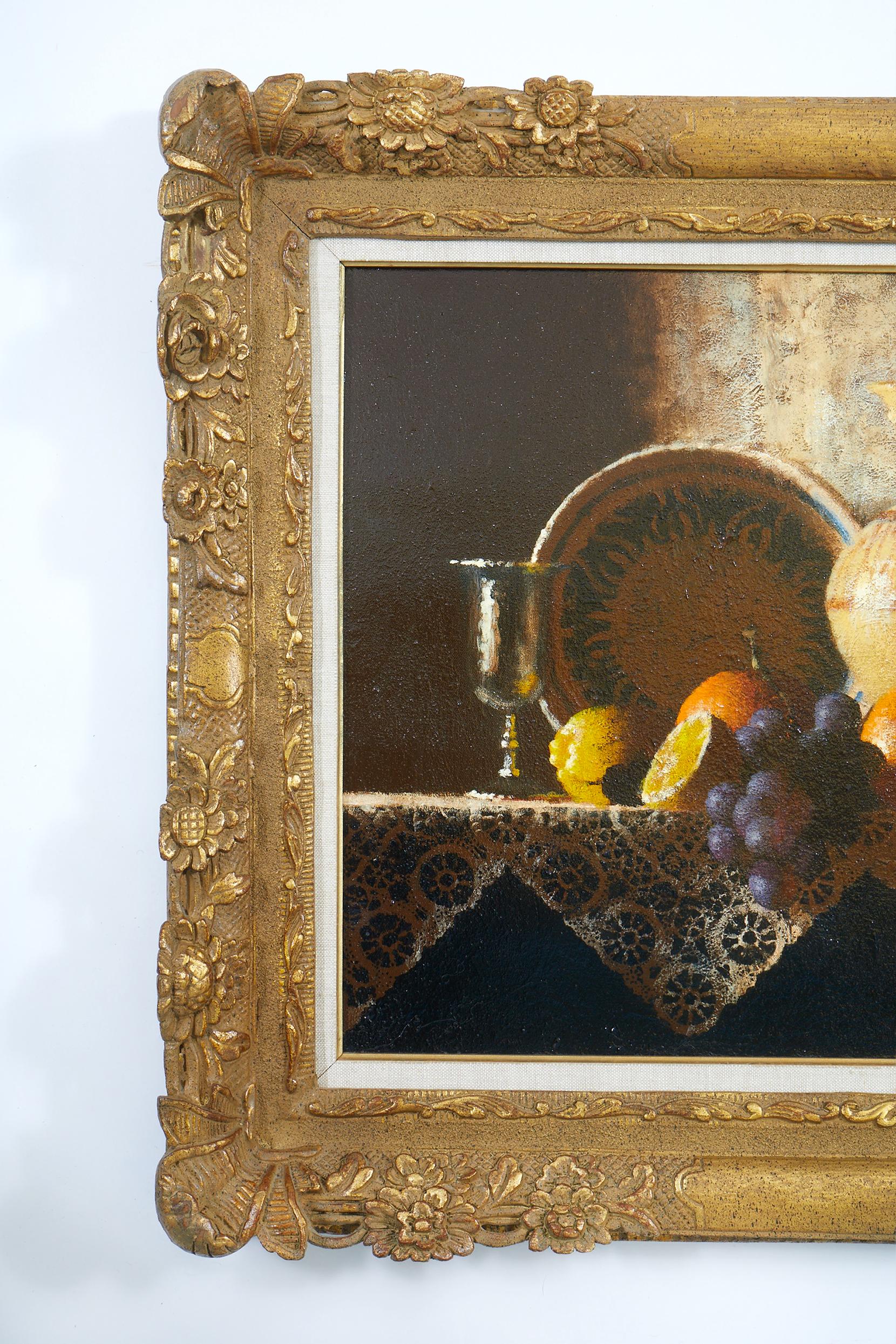 19th Century gilt wood framed oil on canvas painting featuring tableware and fruits . The painting is in good antique condition . Minor wear consistent with age / use . Artist signature lower left corner . The oil / canvas painting was relined . The