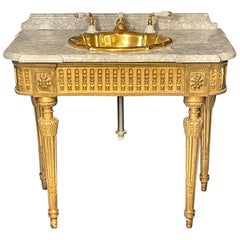 table console Louis XVI en bois doré du 19e siècle avec lavabo et vanité