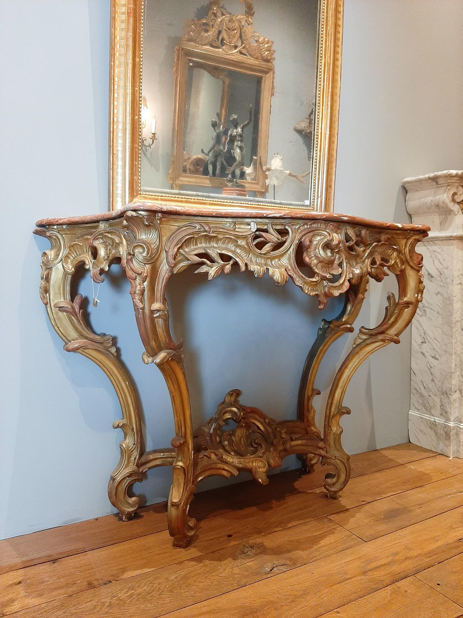 French 19th Century Gilt Wood Rococo Console Table with Red Marble Top For Sale