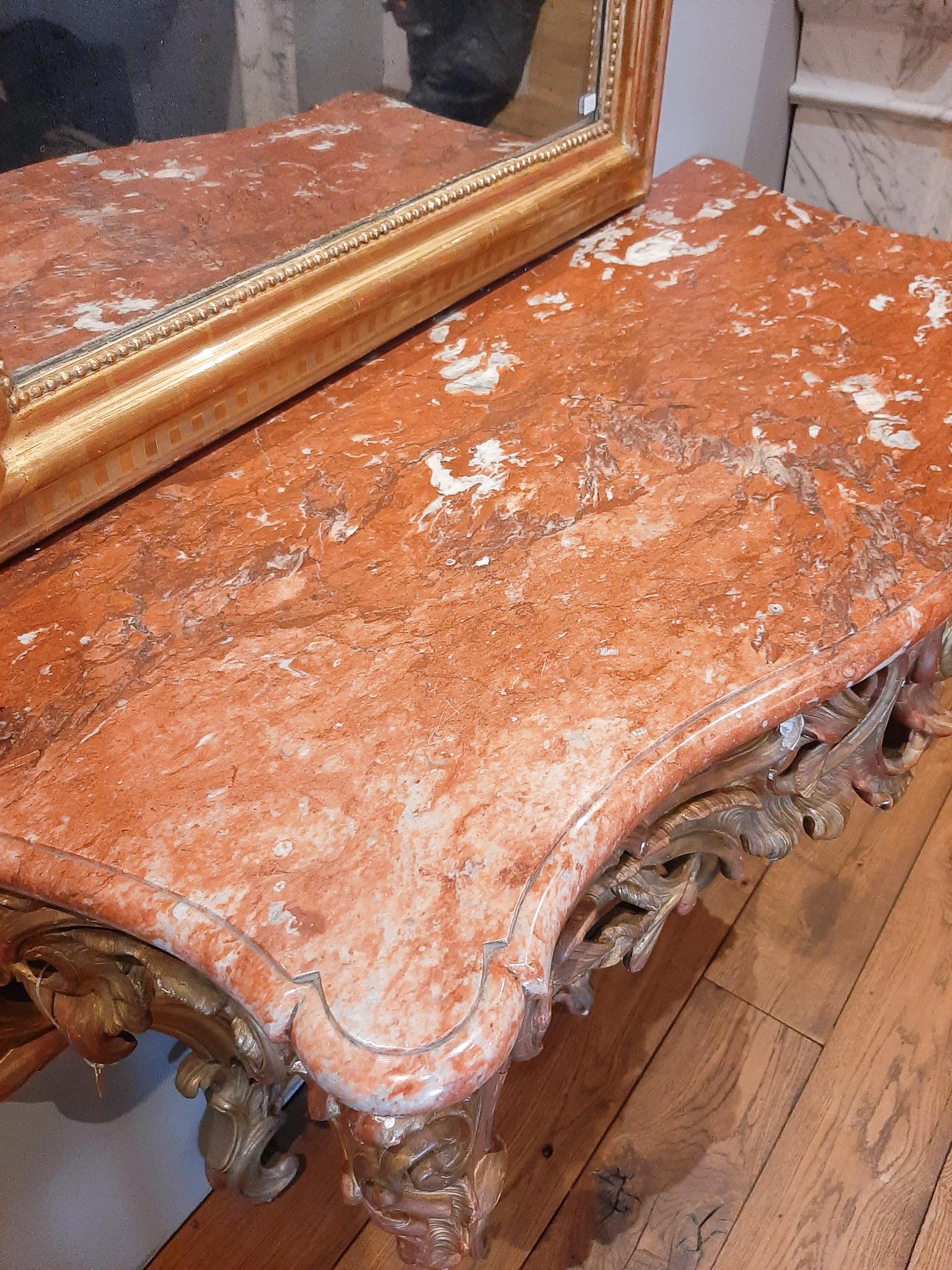 19th Century Gilt Wood Rococo Console Table with Red Marble Top In Good Condition For Sale In Baambrugge, NL