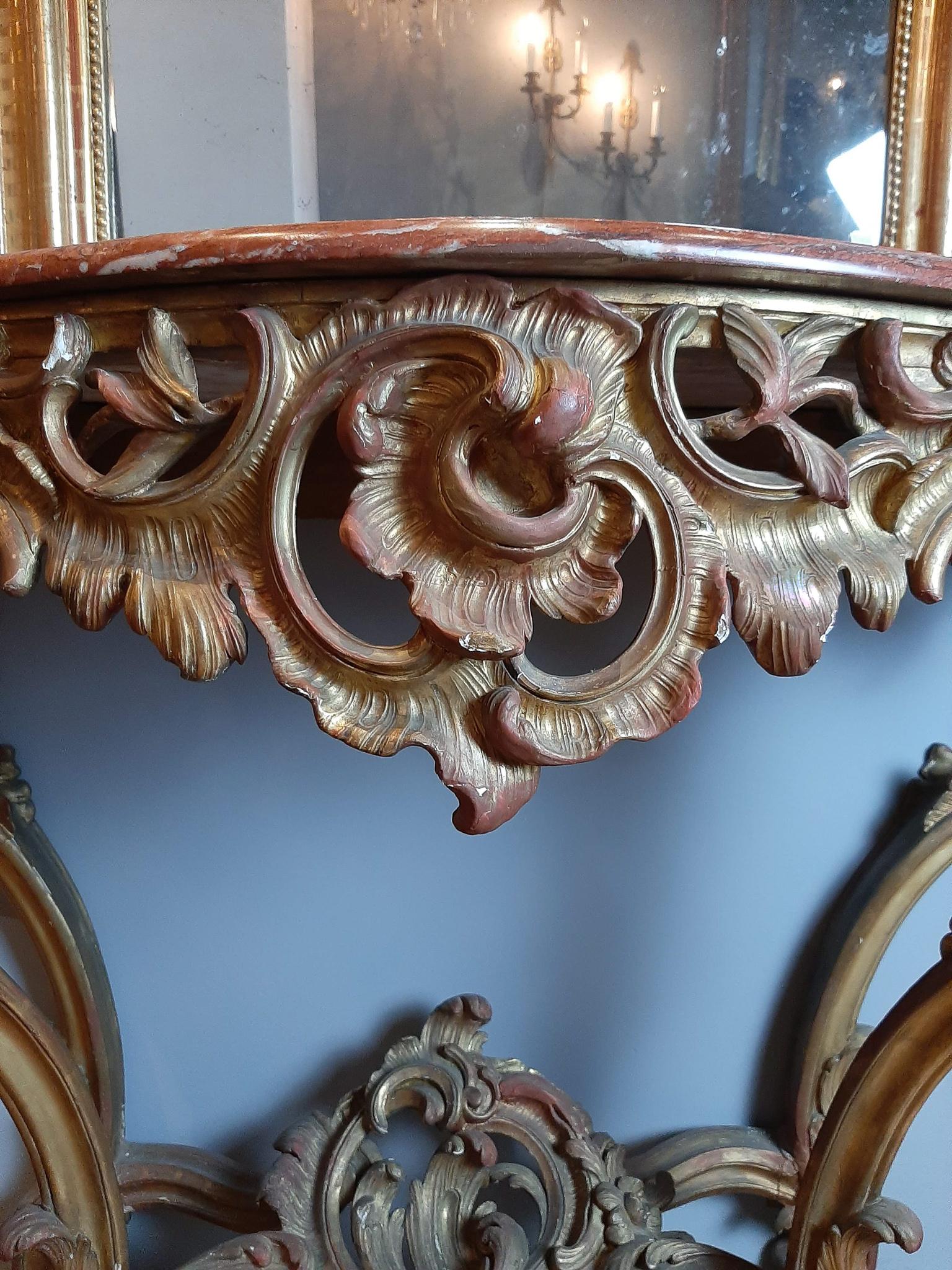 19th Century Gilt Wood Rococo Console Table with Red Marble Top For Sale 2