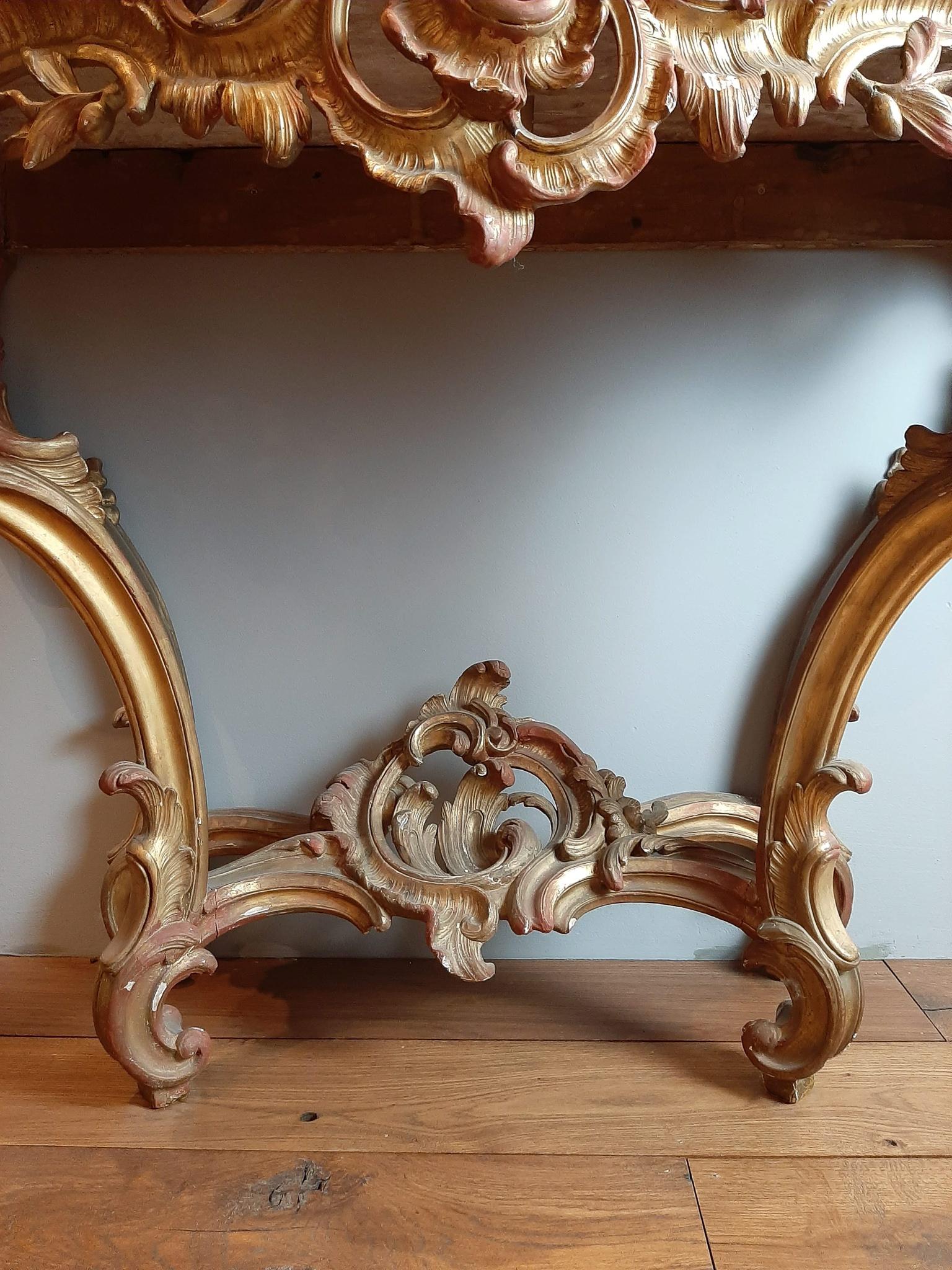 19th Century Gilt Wood Rococo Console Table with Red Marble Top For Sale 3