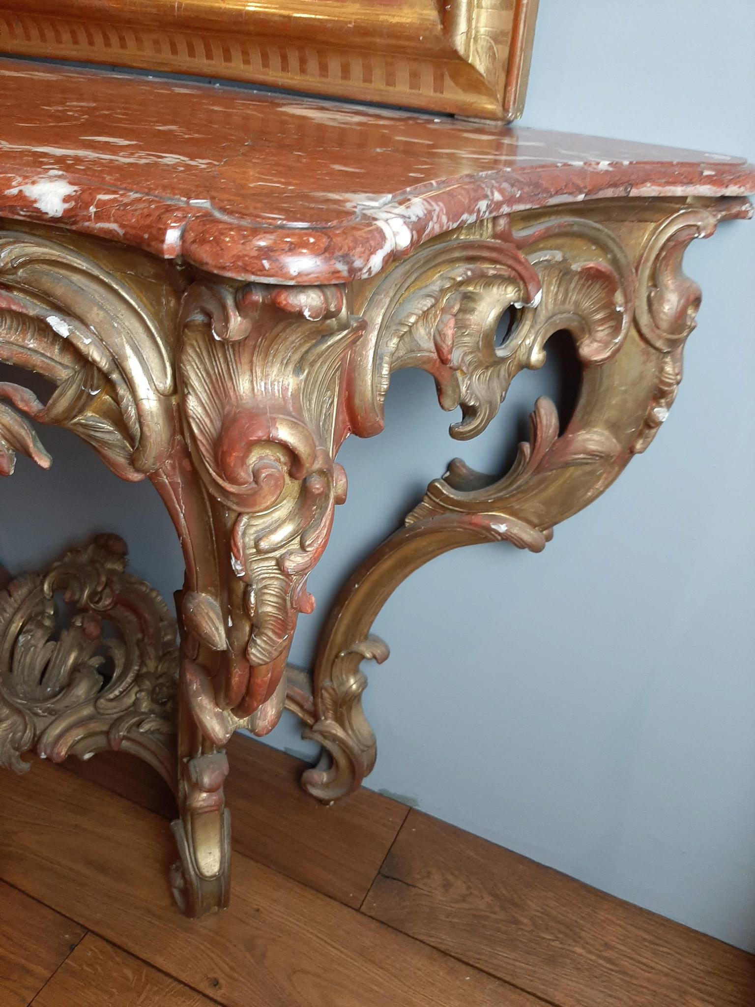 19th Century Gilt Wood Rococo Console Table with Red Marble Top For Sale 4