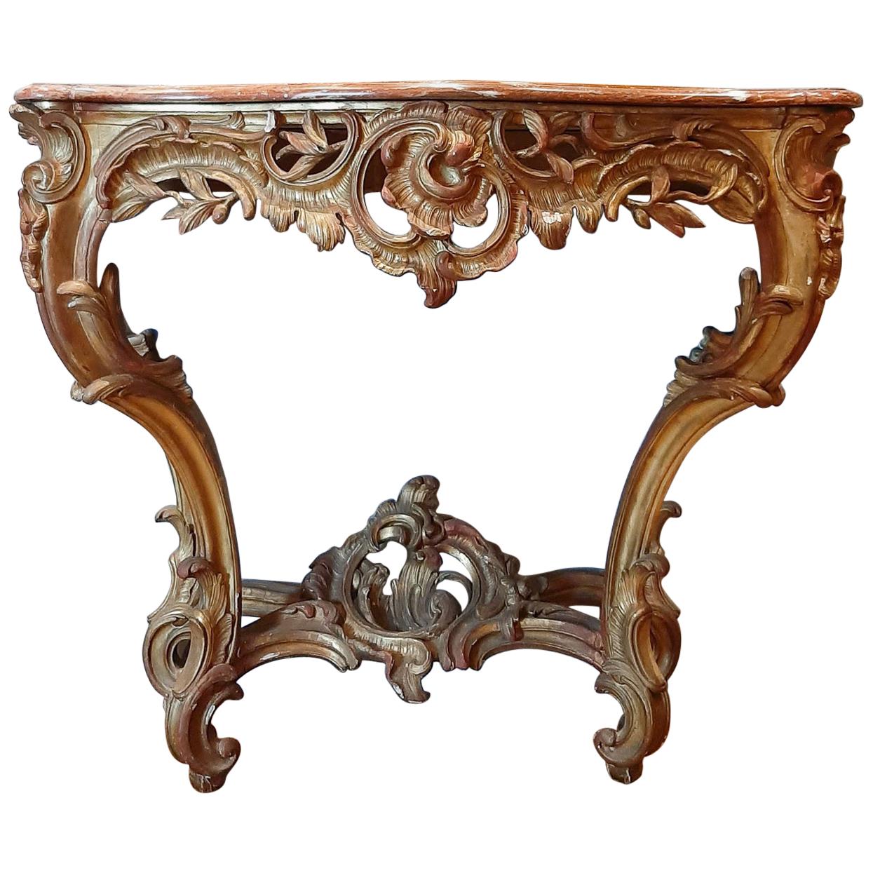 19th Century Gilt Wood Rococo Console Table with Red Marble Top