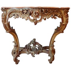 Console rococo en bois doré du 19ème siècle avec plateau en marbre rouge