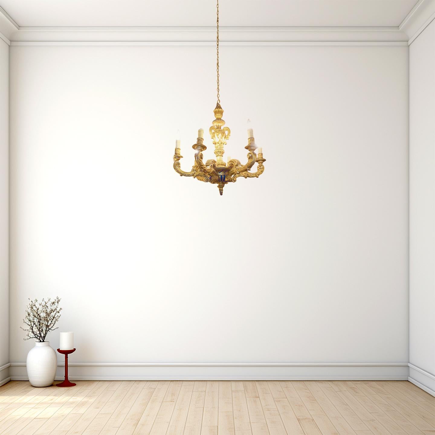 19th century Giltwood 6-light Italian Chandelier

Anonymous
Probably Italy; probably 1880s
Giltwood

Approximate size: 32 (h) x 29 (w) x 29 (d) in. (not including length of the suspension chain)

This 19th-century Italian chandelier features