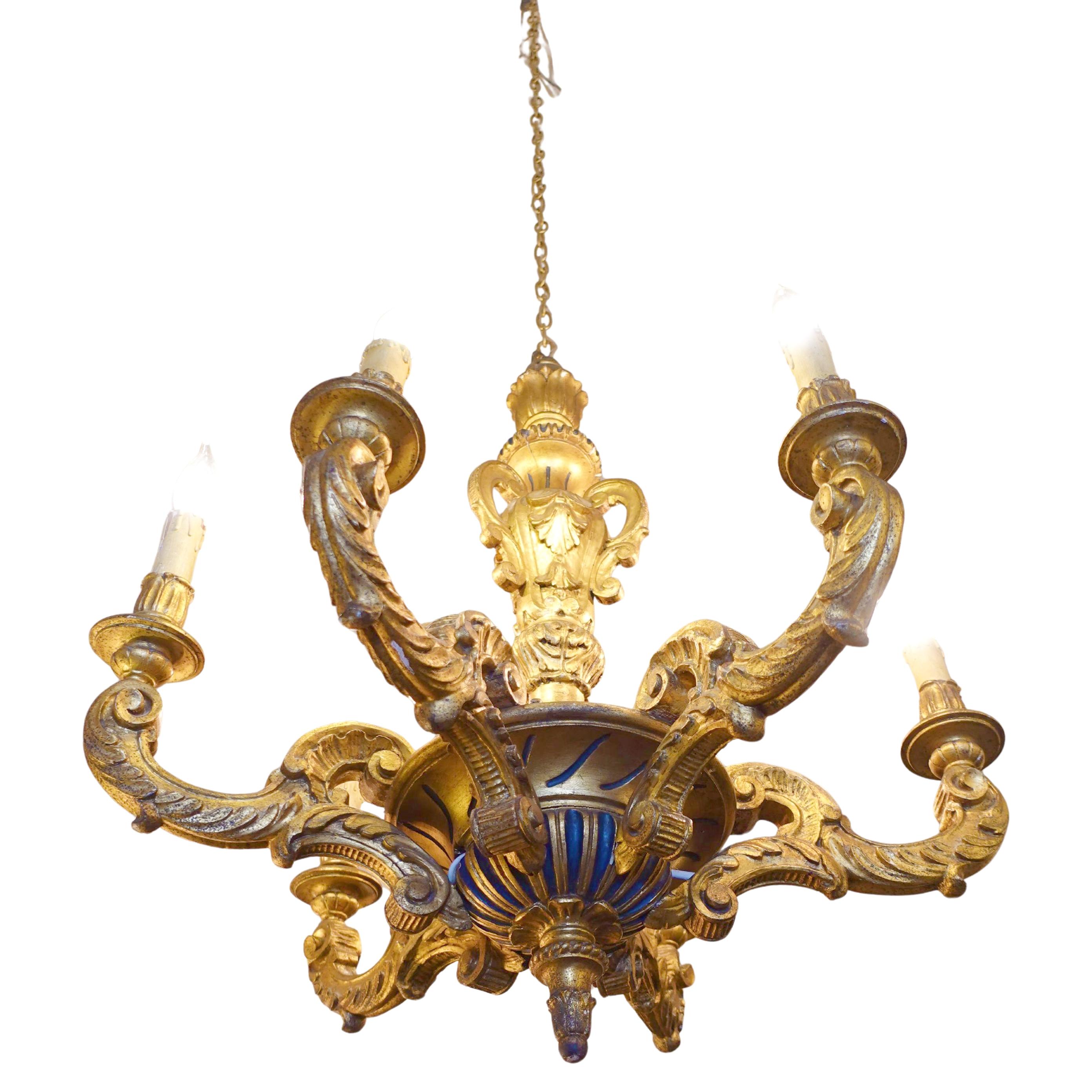 Baroque Revival 19th century Giltwood 6-light Italian Chandelier For Sale