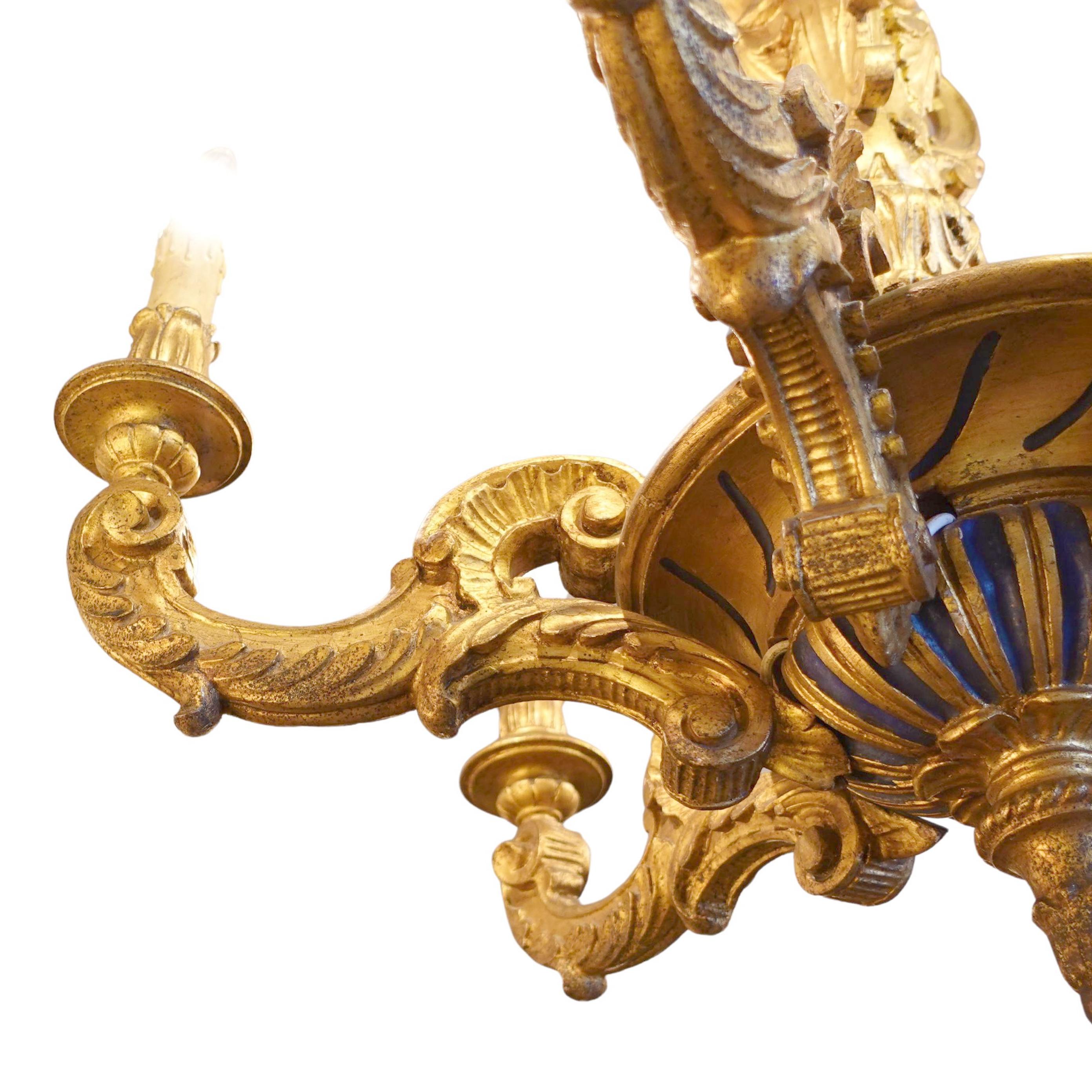 Hand-Carved 19th century Giltwood 6-light Italian Chandelier For Sale