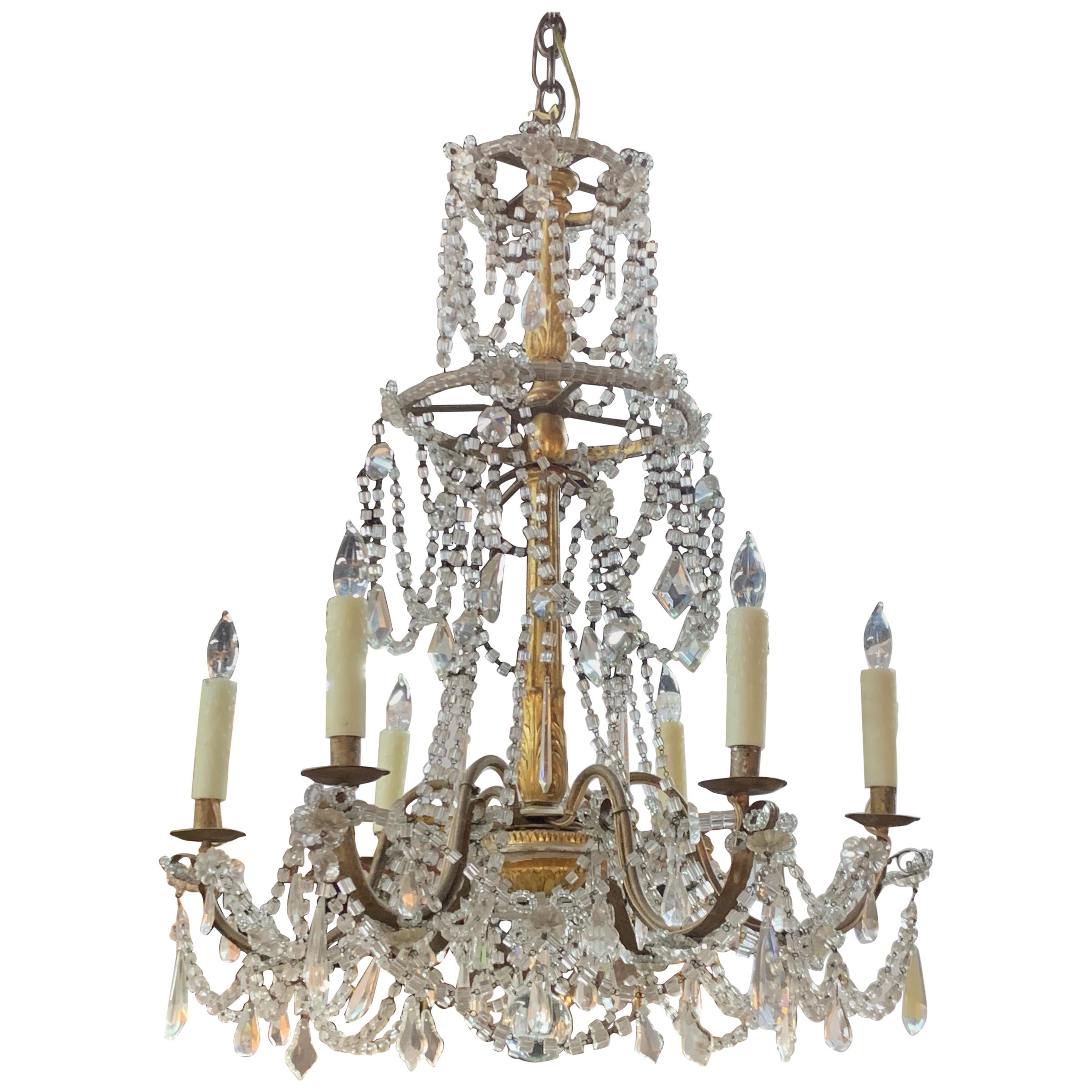 19th Century Giltwood and Crystal 6-Light Chandelier