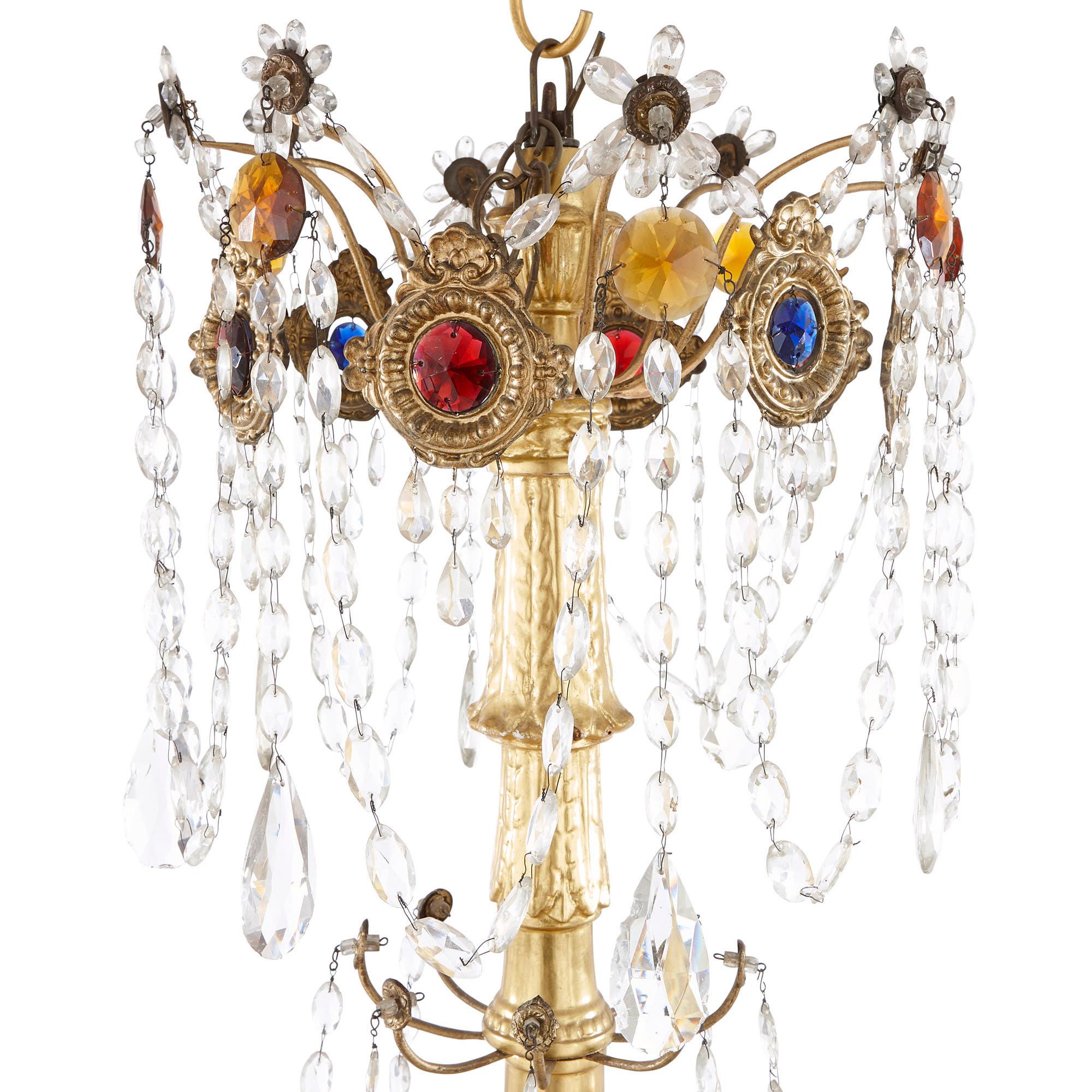 Italian 19th Century Giltwood, Brass and Multicolored Cut Glass Chandelier For Sale