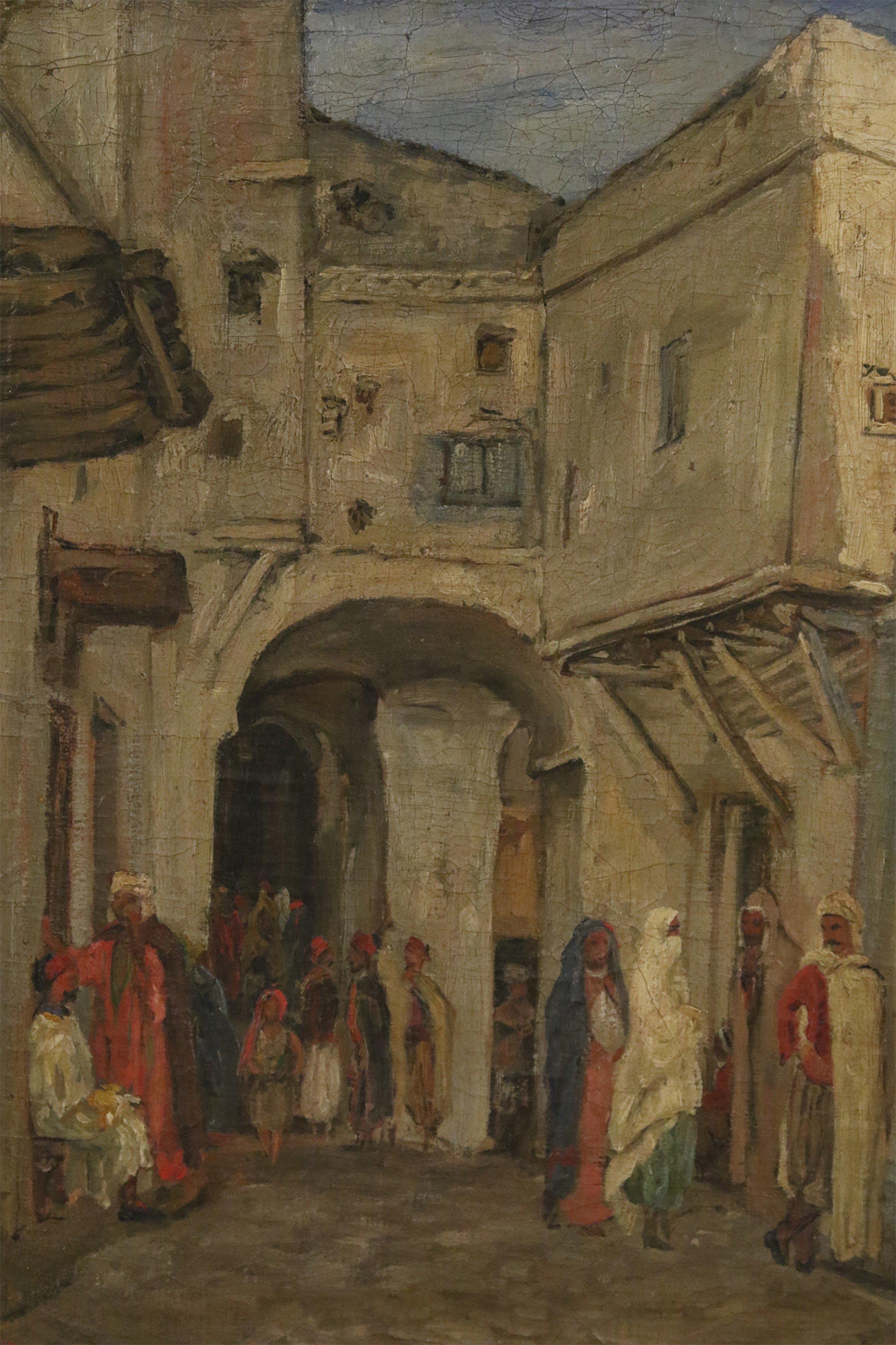 French Victorian (19th Century) oil painting of a Middle-Eastern street scene in an ornate, carved giltwood frame (signed).