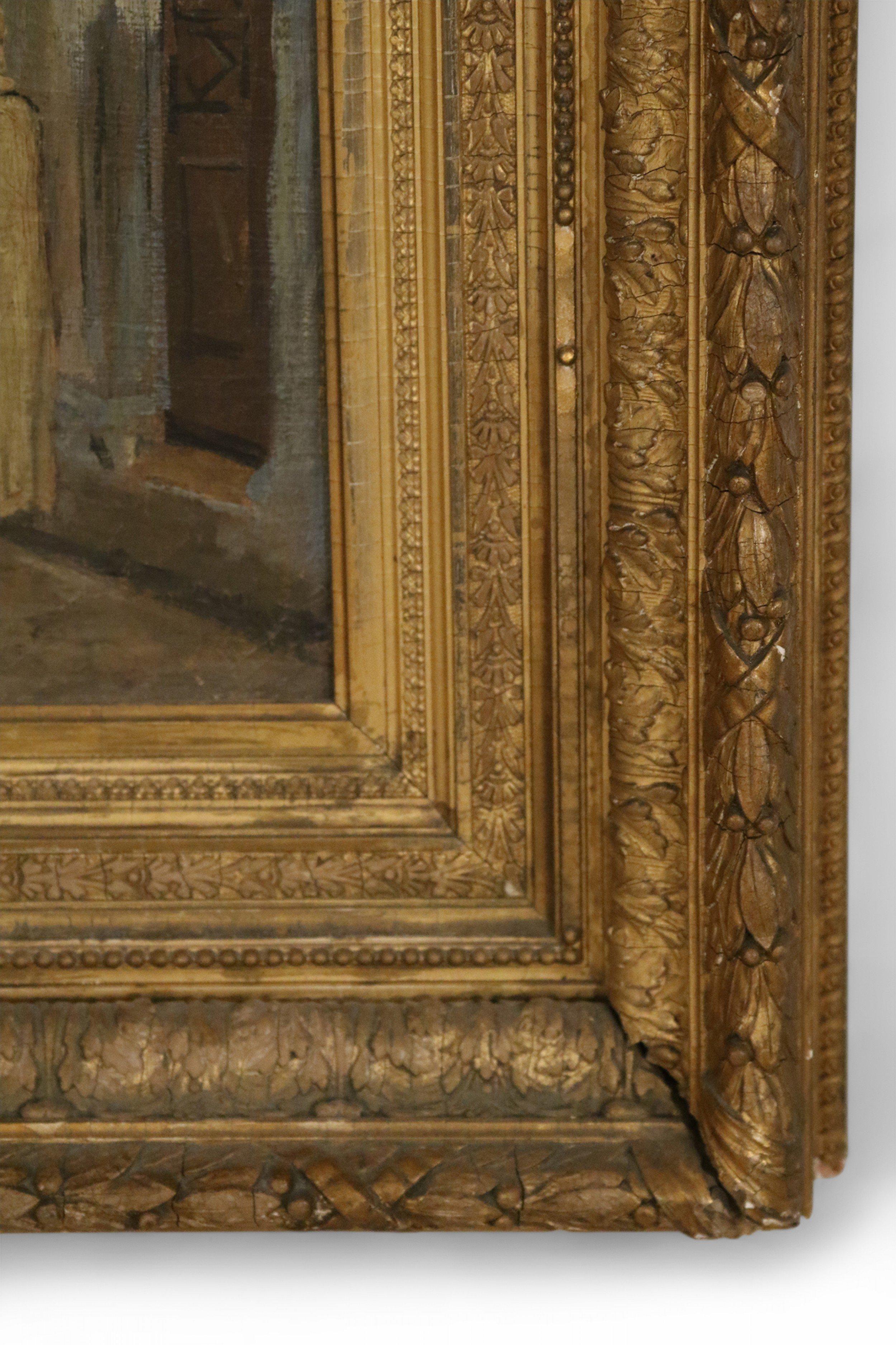 Français Peinture à l'huile  représentant une scène de rue du Moyen-Orient avec cadre en bois doré du 19e siècle en vente