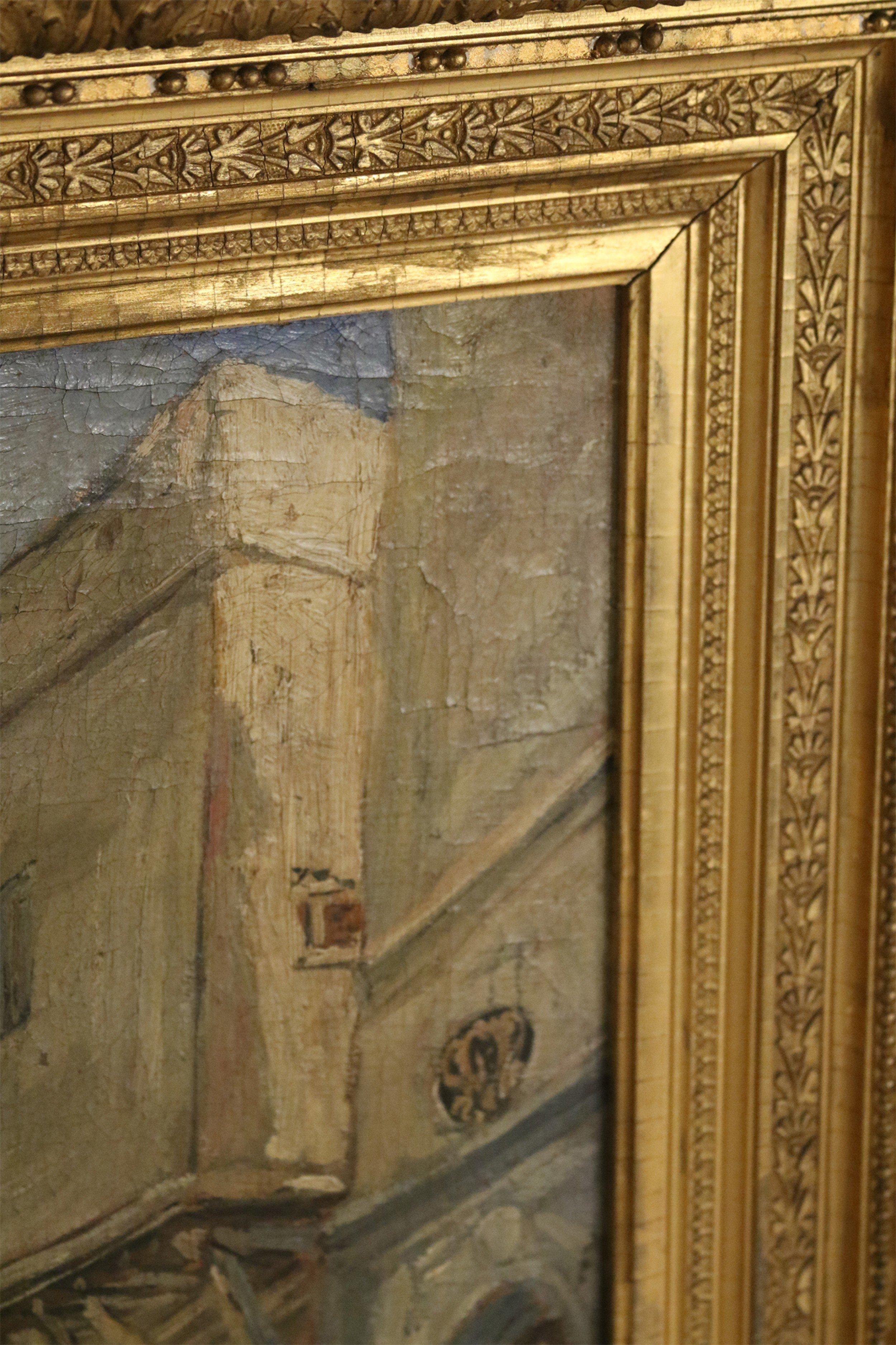 Peinture à l'huile  représentant une scène de rue du Moyen-Orient avec cadre en bois doré du 19e siècle Bon état - En vente à New York, NY