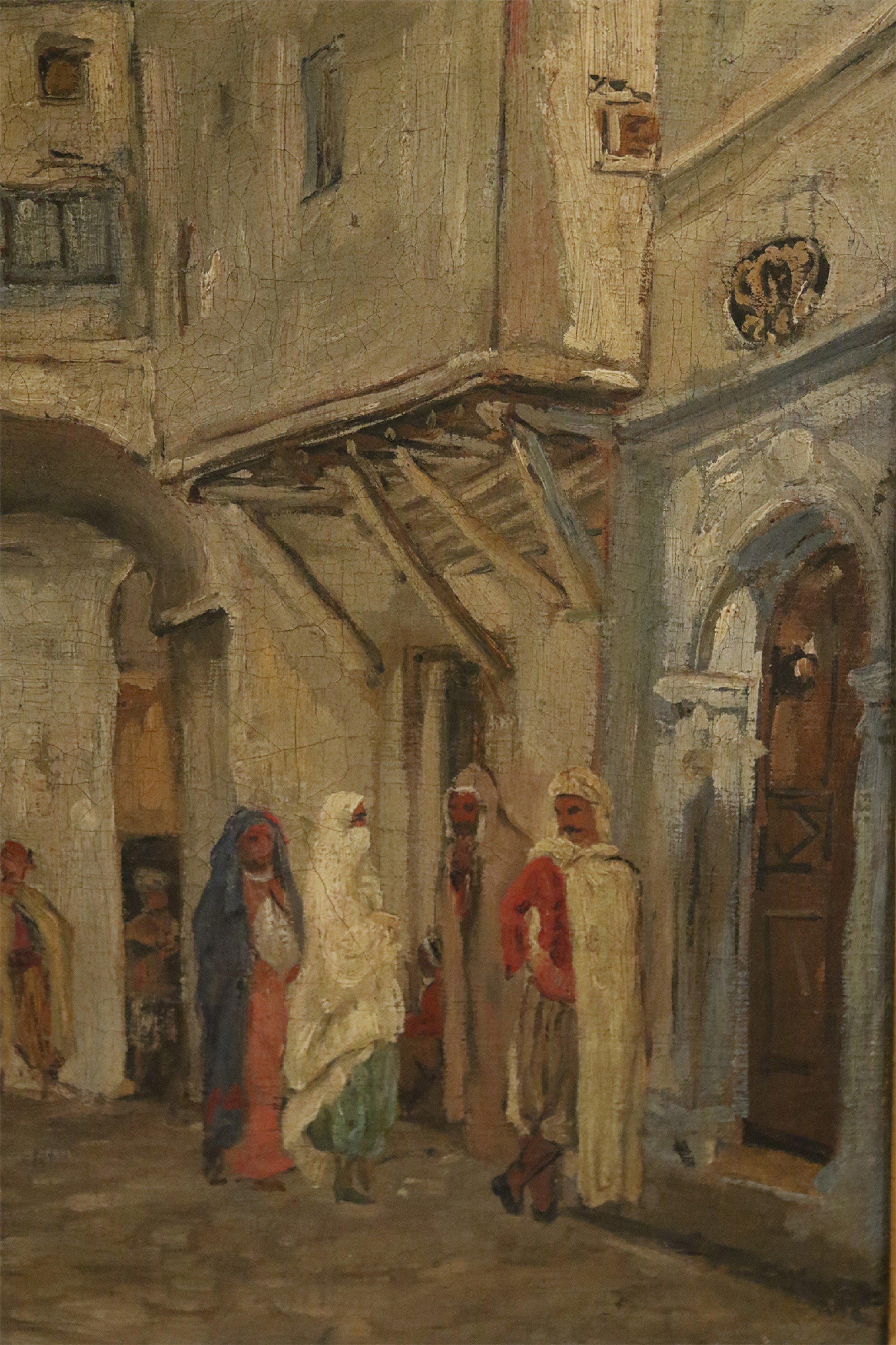 XIXe siècle Peinture à l'huile  représentant une scène de rue du Moyen-Orient avec cadre en bois doré du 19e siècle en vente