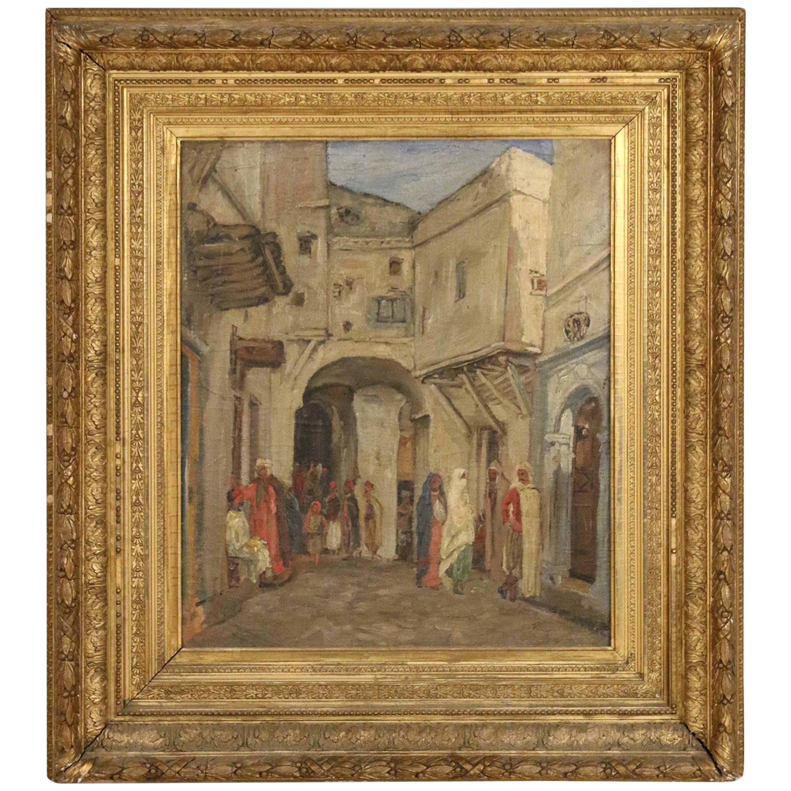 Peinture à l'huile  représentant une scène de rue du Moyen-Orient avec cadre en bois doré du 19e siècle