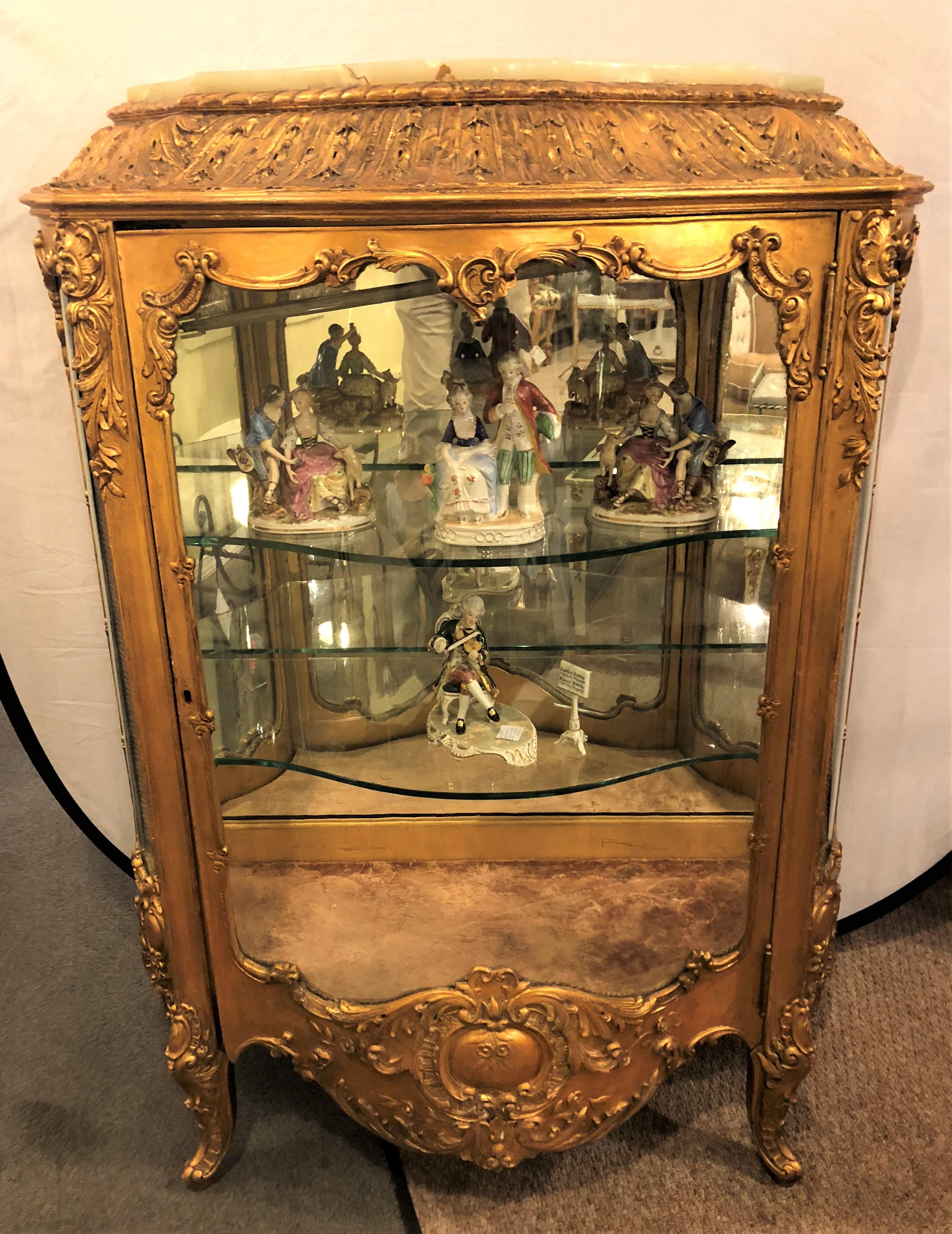 Wood 19th Century Giltwood Louis XV Carved Lighted Curio Vitrine Showcase Cabinet