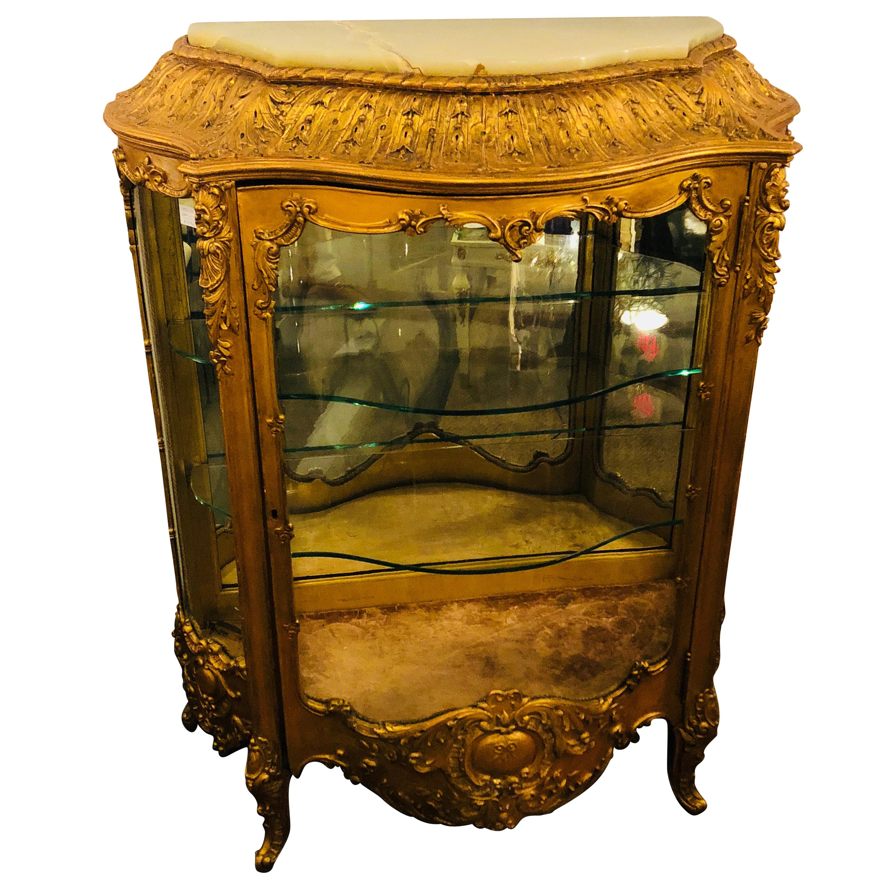 19th Century Giltwood Louis XV Carved Lighted Curio Vitrine Showcase Cabinet