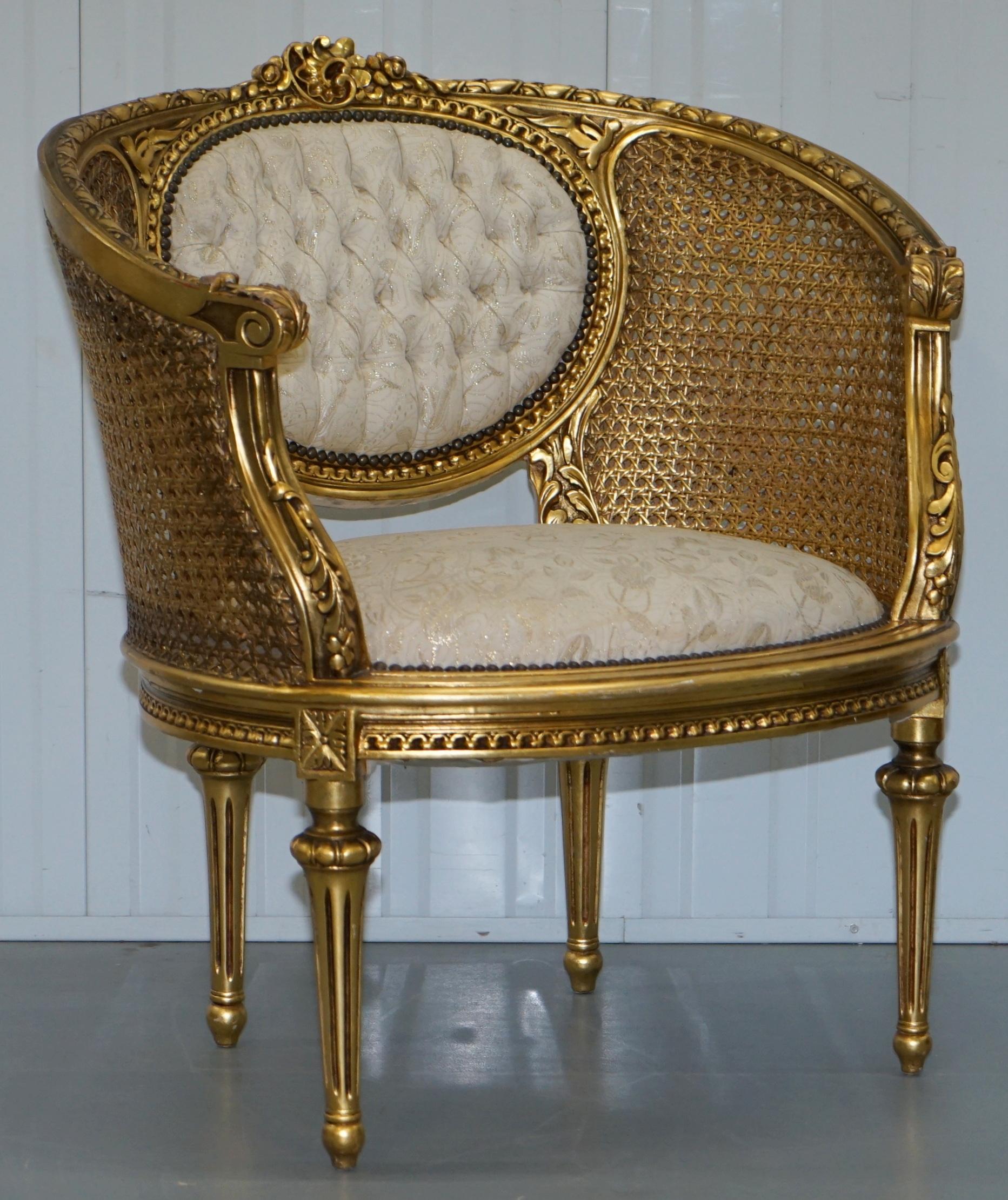 19th Century Giltwood Louis XV Style Cane Chesterfield Buttoned Armchairs Pair 8