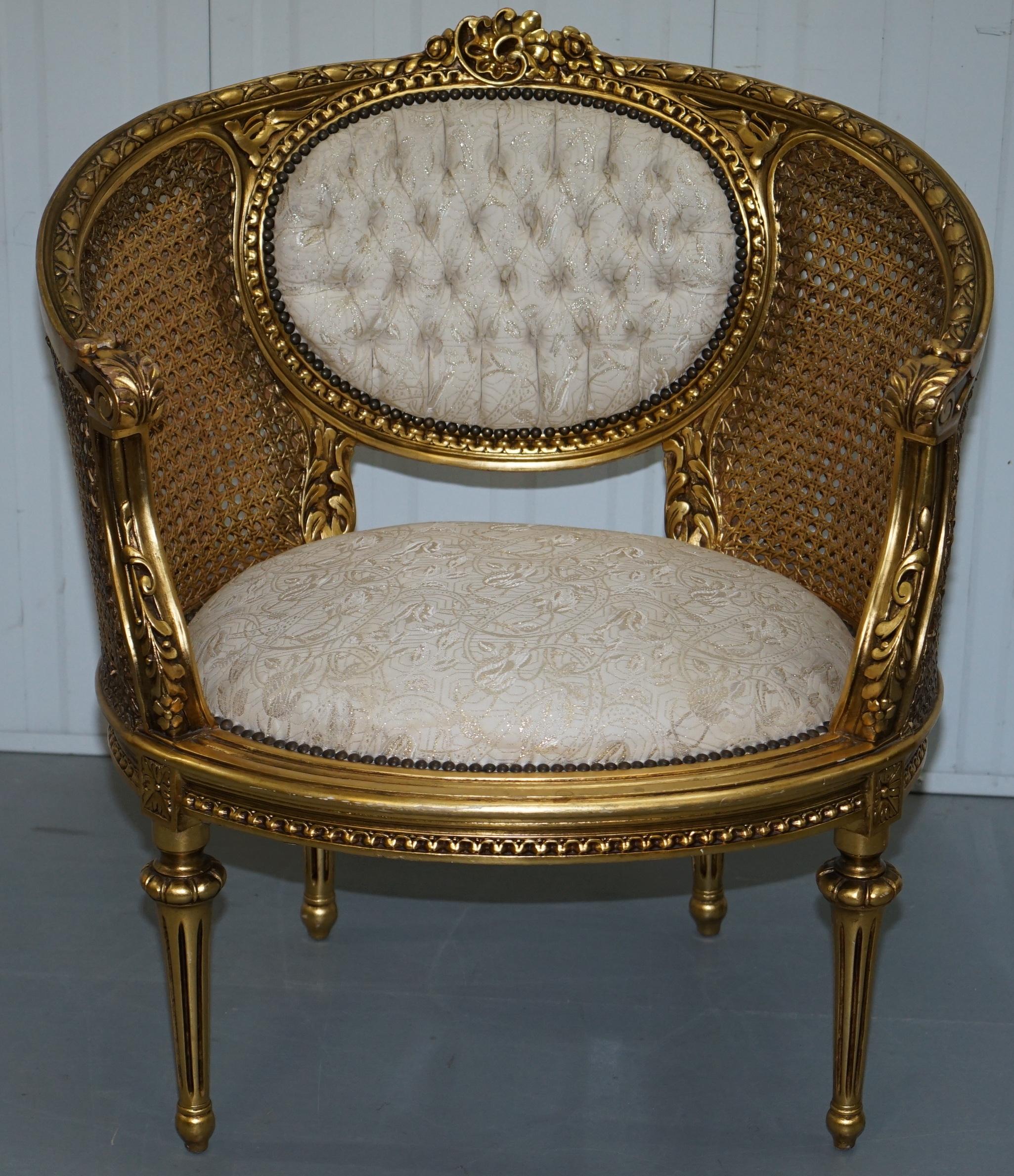 19th Century Giltwood Louis XV Style Cane Chesterfield Buttoned Armchairs Pair 9