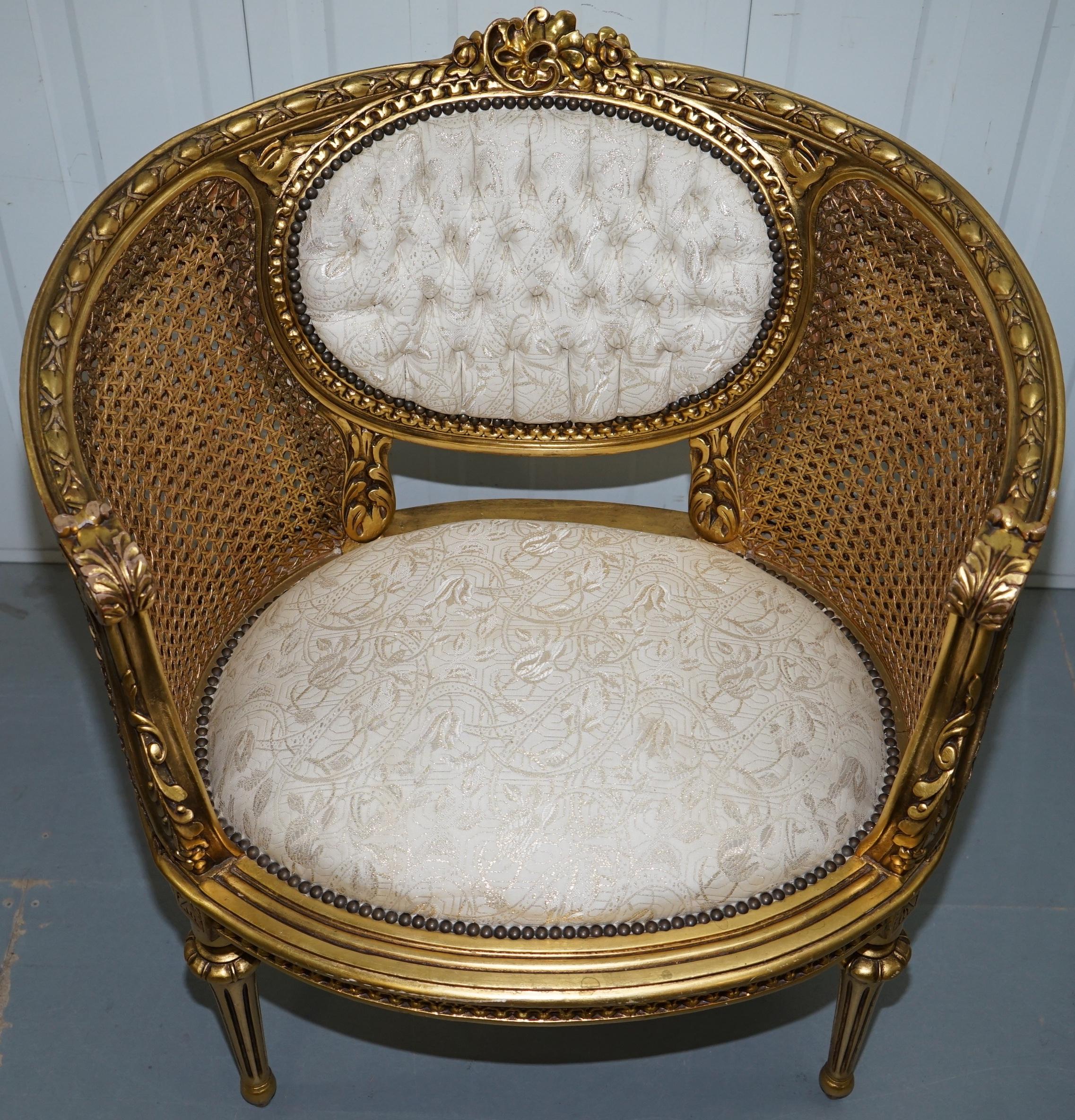 19th Century Giltwood Louis XV Style Cane Chesterfield Buttoned Armchairs Pair 10