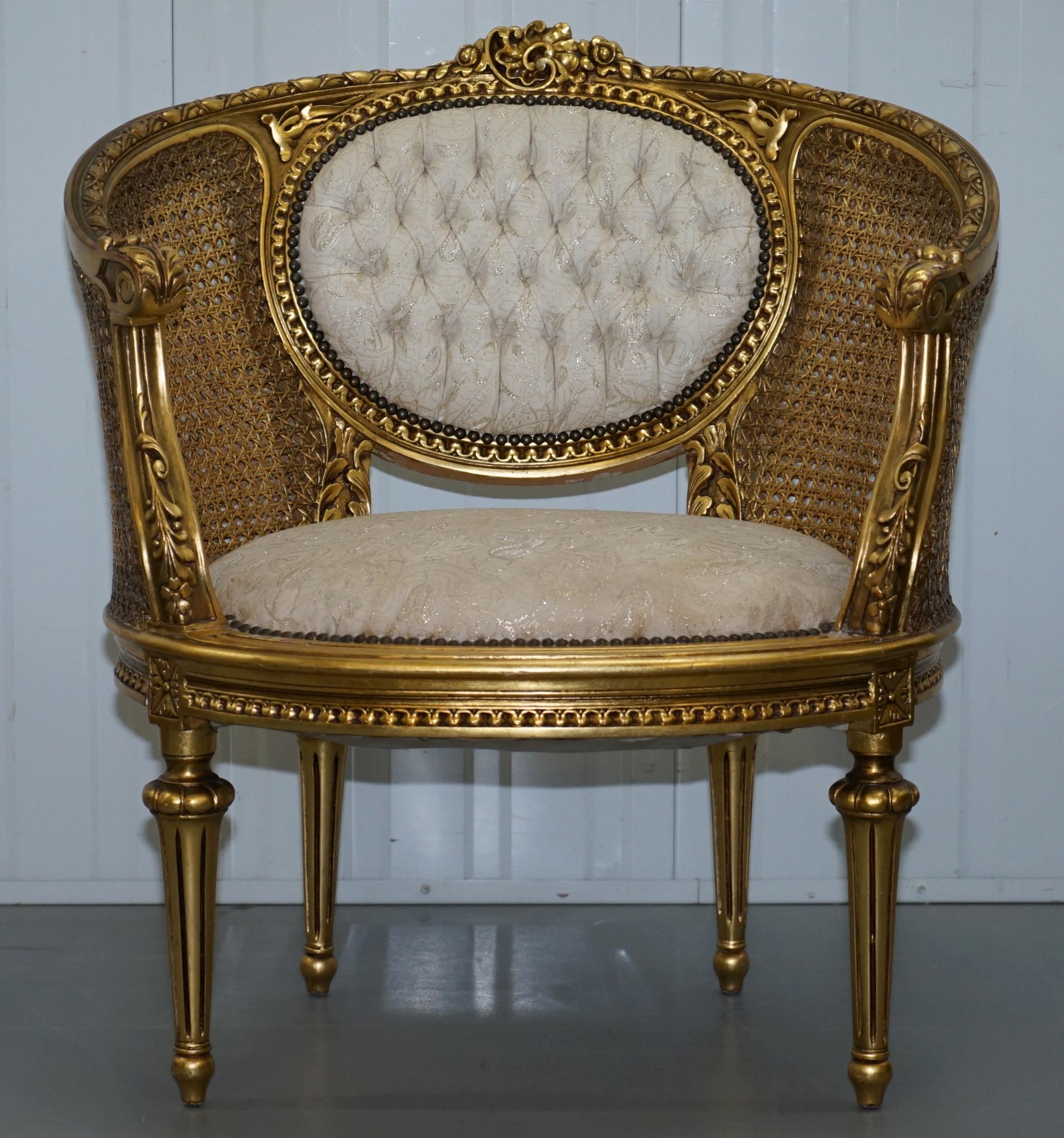 French 19th Century Giltwood Louis XV Style Cane Chesterfield Buttoned Armchairs Pair