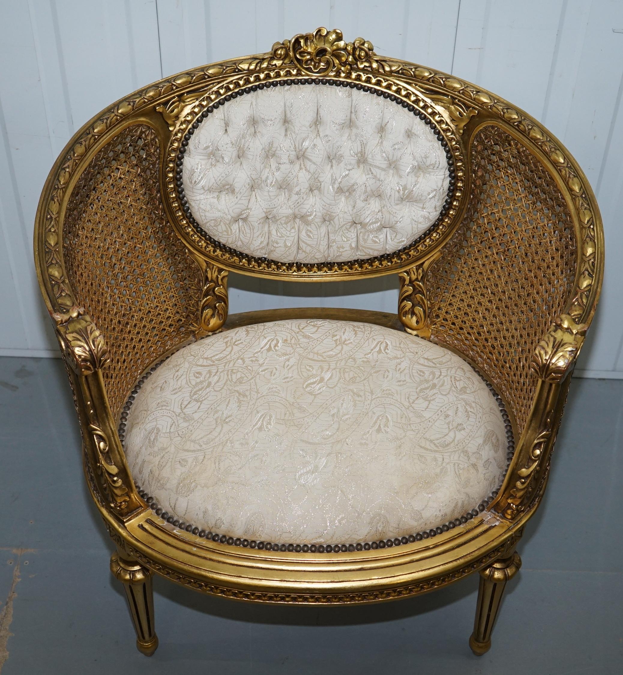 Hand-Crafted 19th Century Giltwood Louis XV Style Cane Chesterfield Buttoned Armchairs Pair