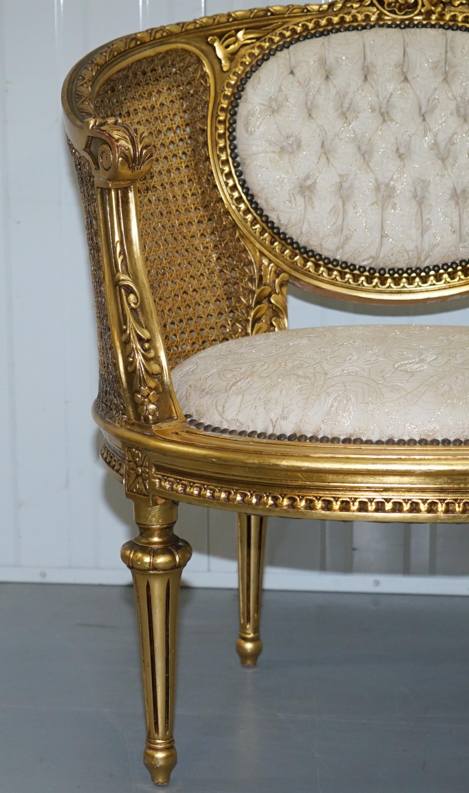 19th Century Giltwood Louis XV Style Cane Chesterfield Buttoned Armchairs Pair 4
