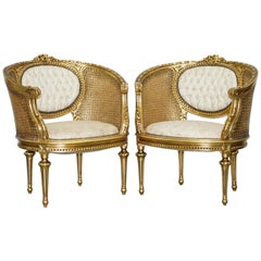 19th Century Giltwood Louis XV Style Cane Chesterfield Buttoned Armchairs Pair
