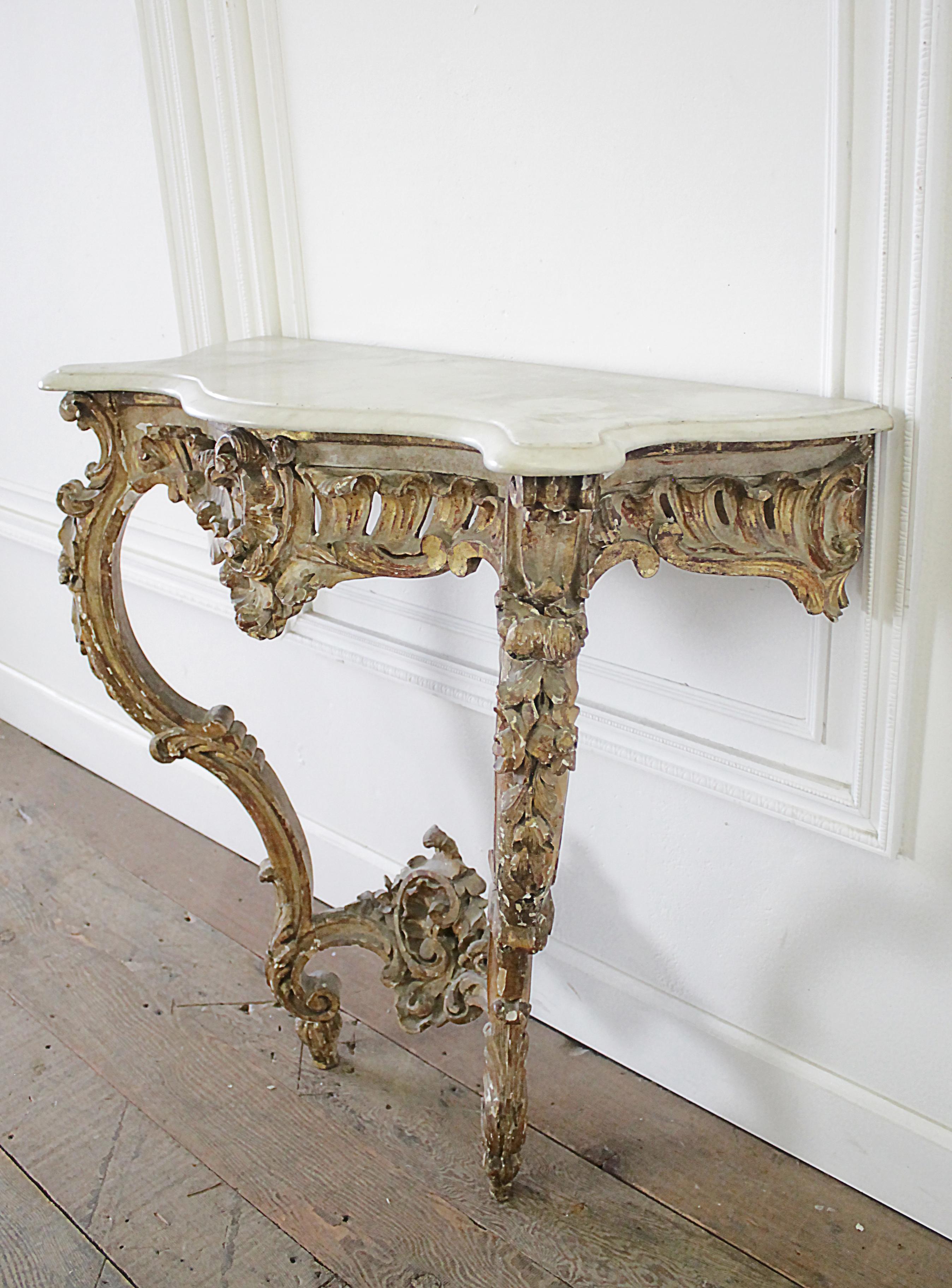 19th Century Giltwood Louis XV Style Console with Marble Top In Fair Condition In Brea, CA